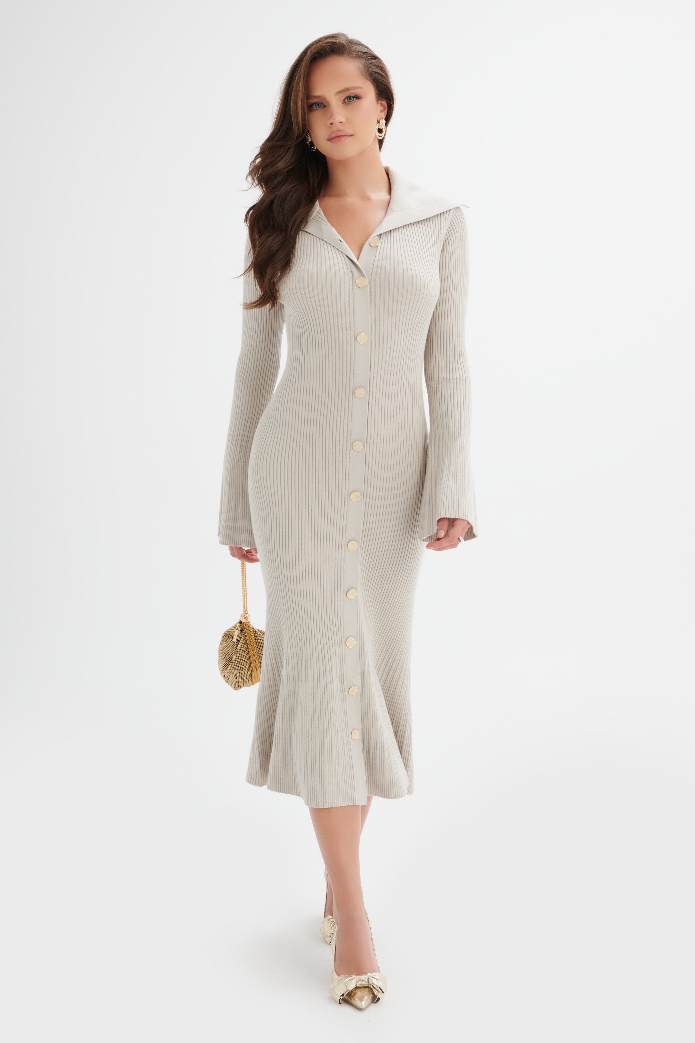 PARKER Knitted Ribbed Fit & Flare Collared Dress In Stone