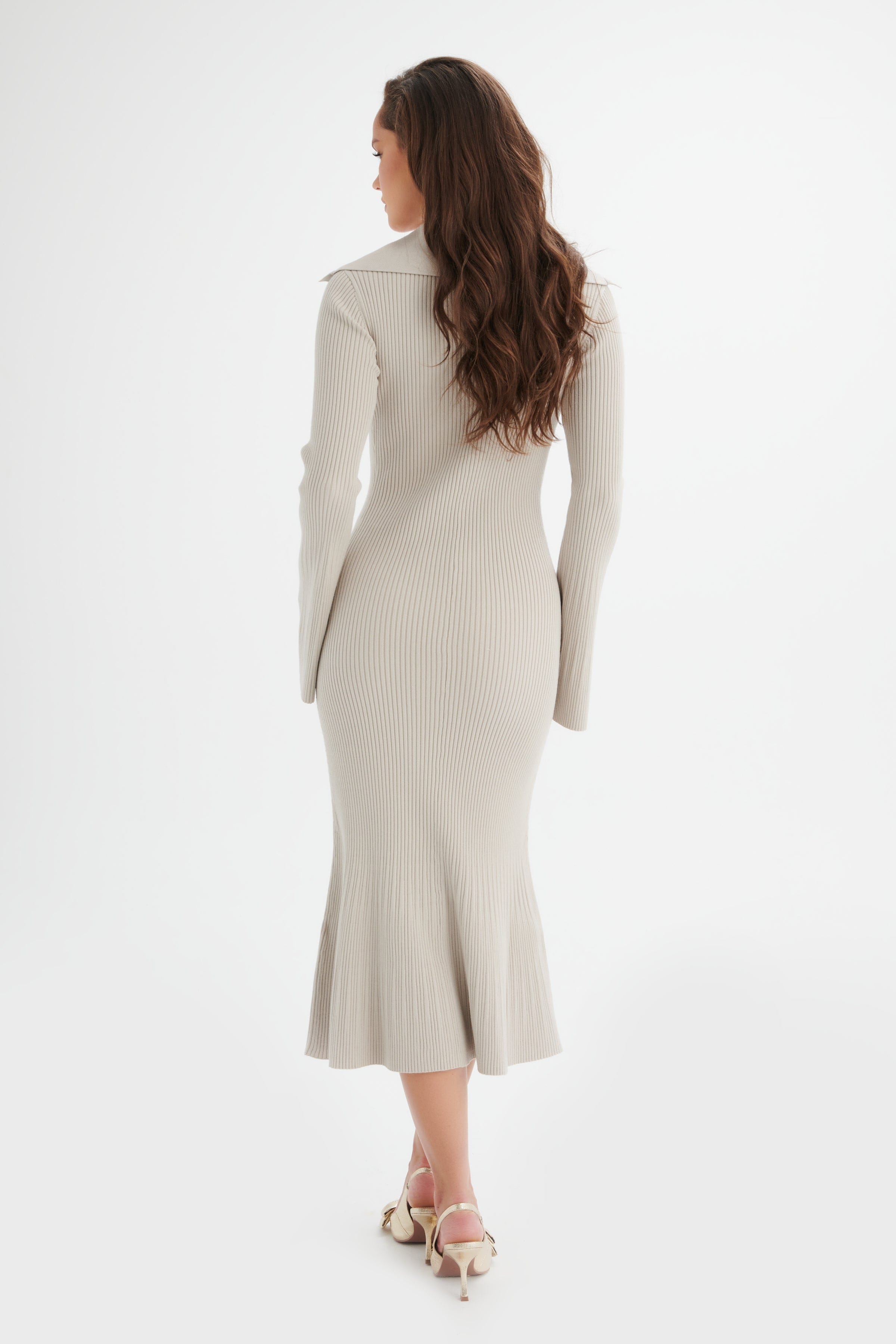 PARKER Knitted Ribbed Fit & Flare Collared Dress In Stone