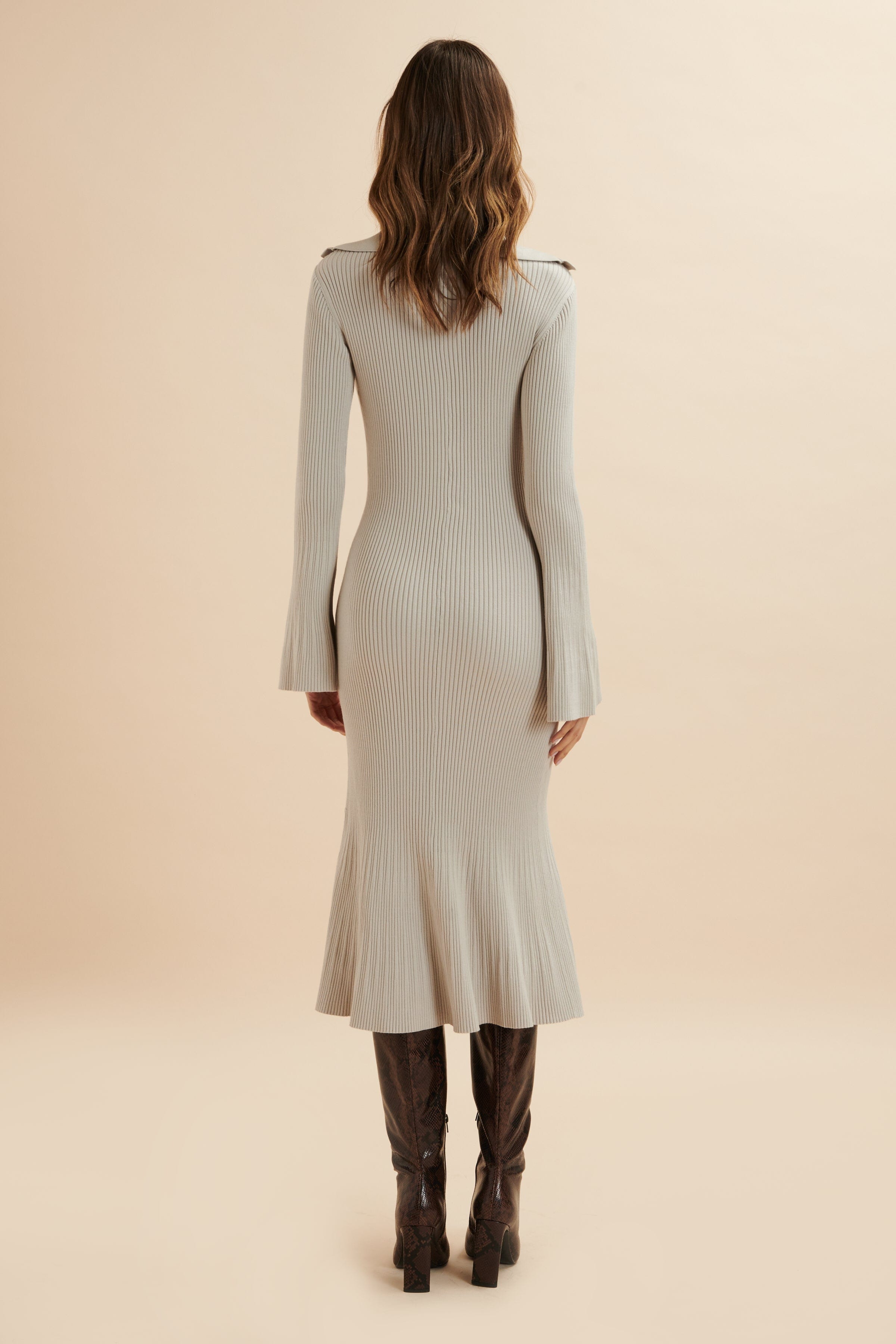 PARKER Knitted Ribbed Fit & Flare Collared Dress In Stone