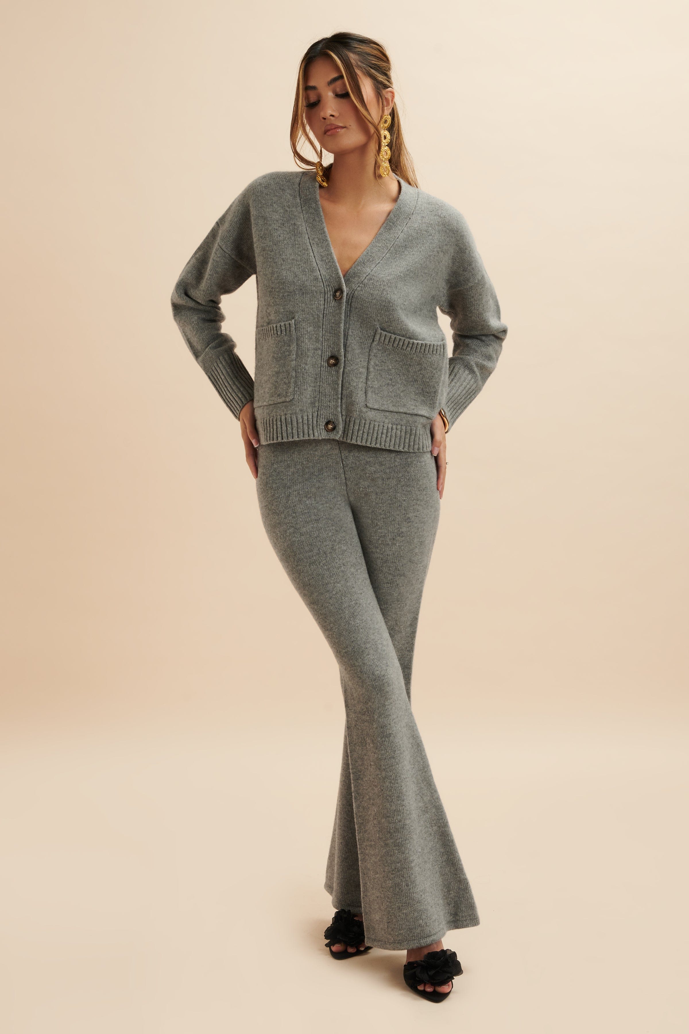 AYZEL Knitted Cashmere Blend Fit & Flare Trousers In Grey