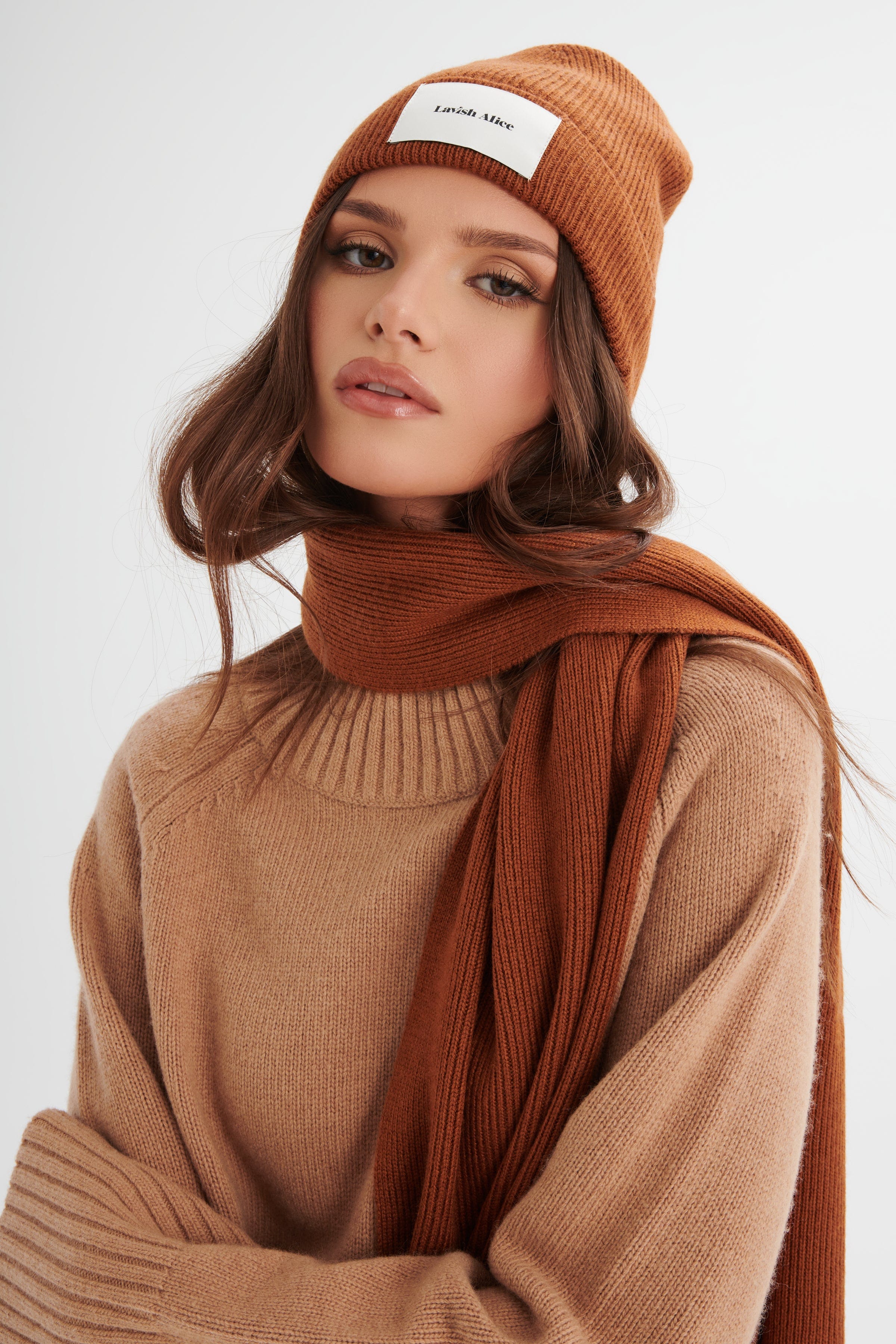 ZOHA Knitted Cashmere Blend Scarf in Camel