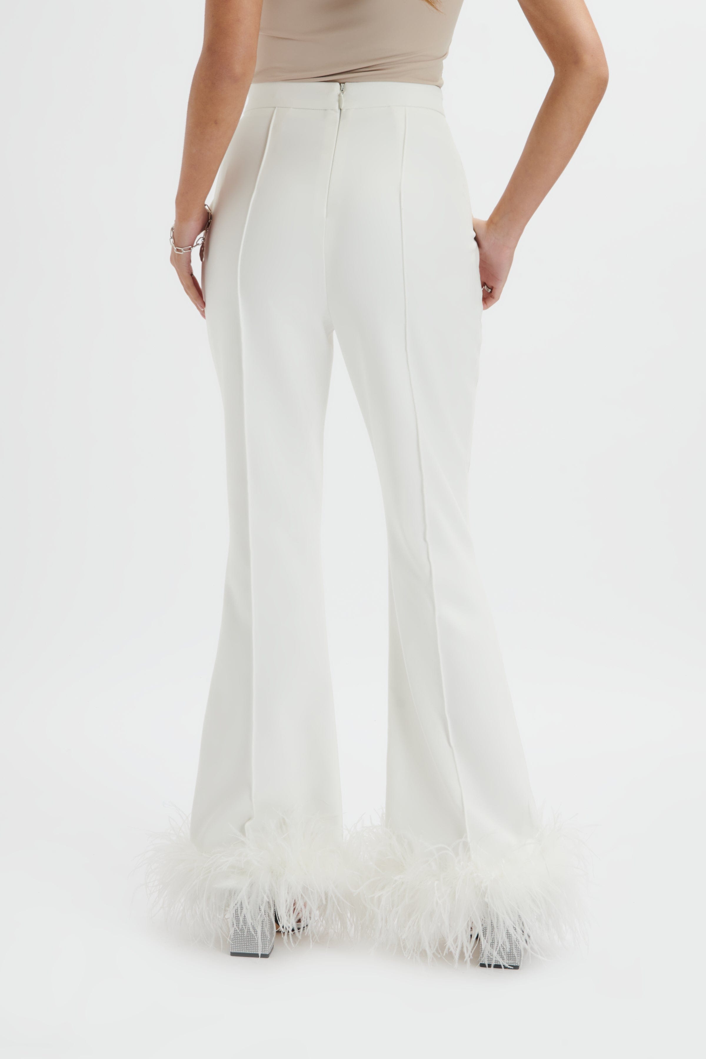 NAHLA Fit & Flare Trouser With Feather Hem In White