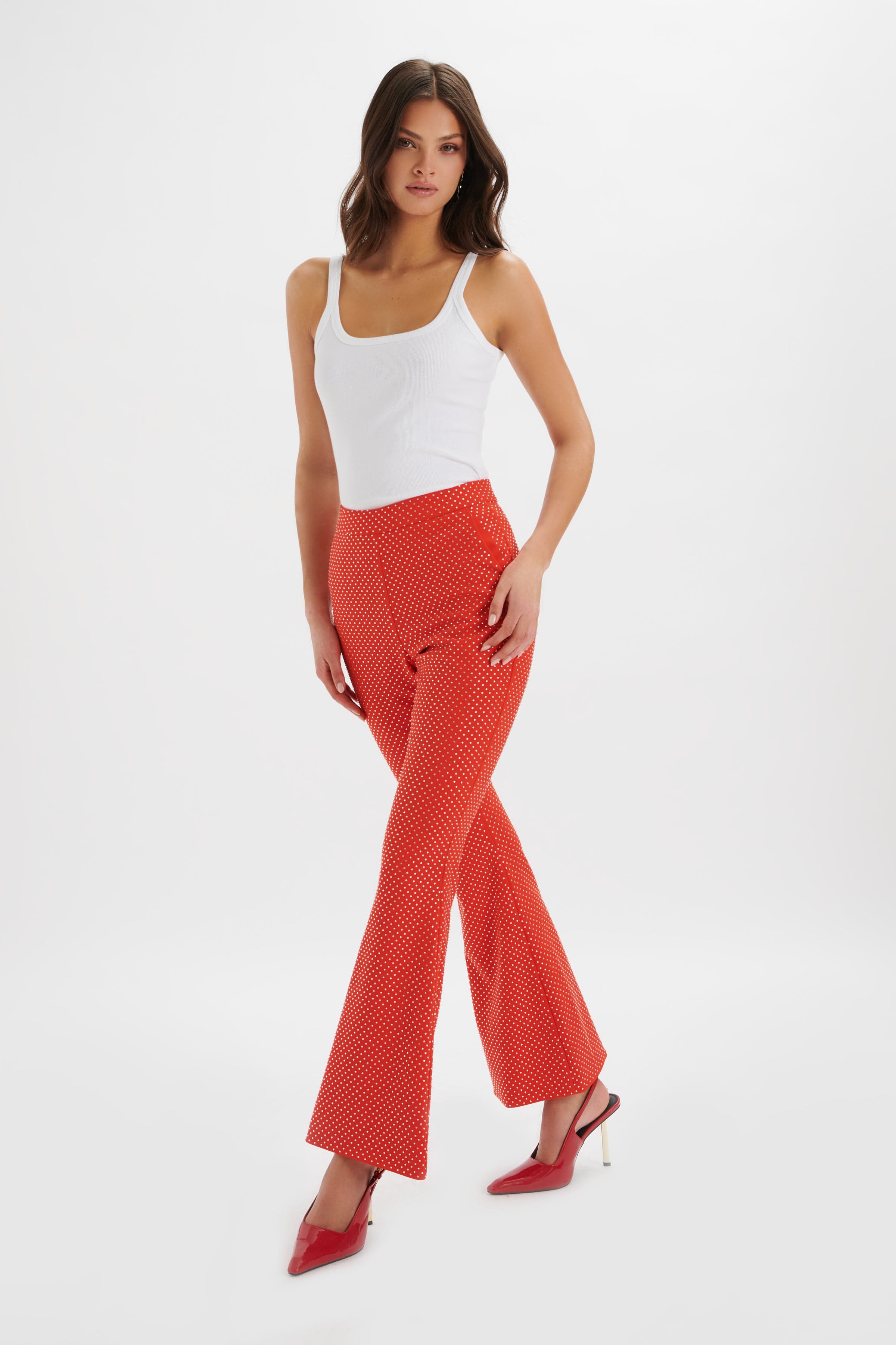 ELLISA Crystal Embellished Fit and Flare Trousers in Red
