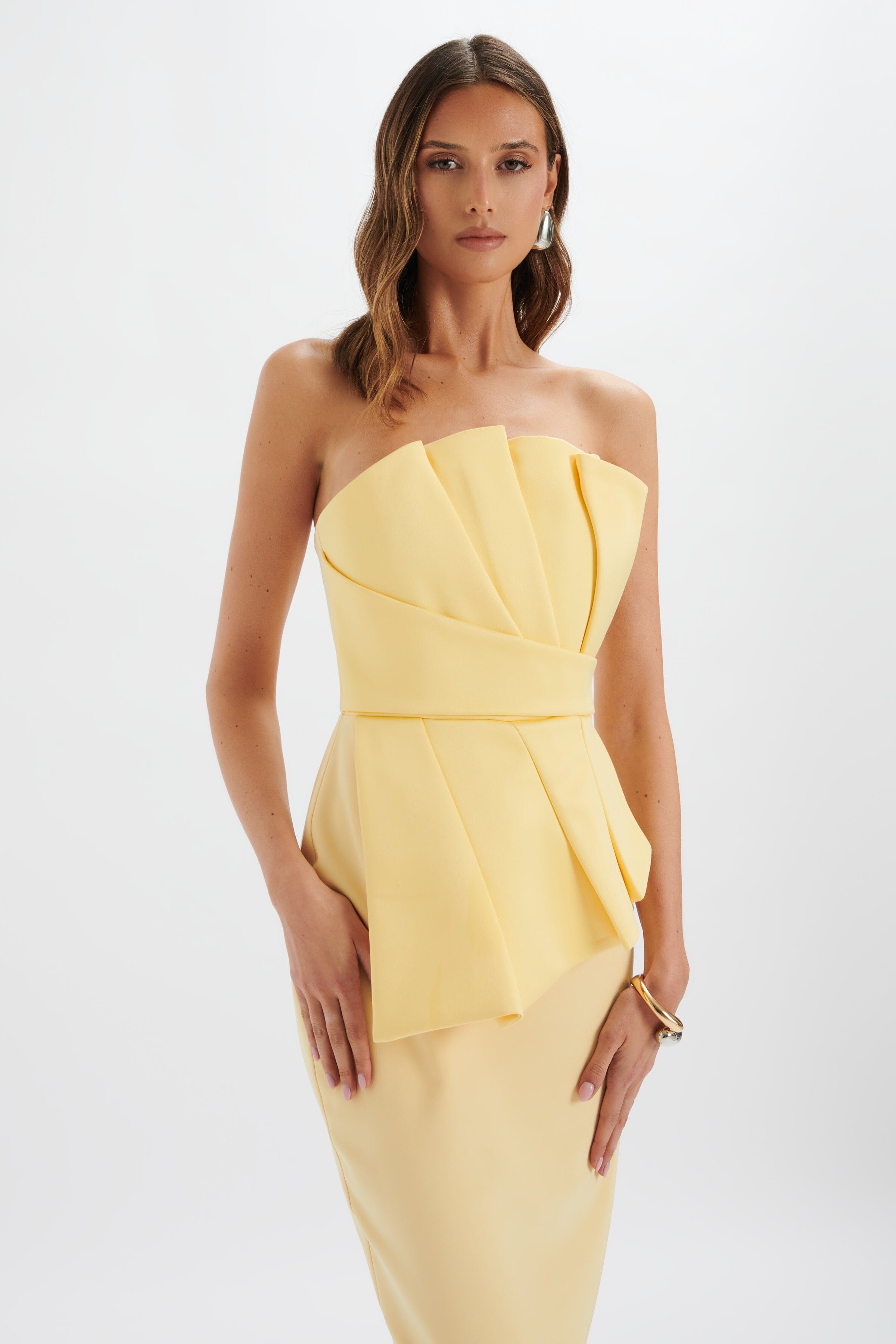 IMOGENE Asymmetric Pleated Frill Detail Midi Dress in Butter Yellow