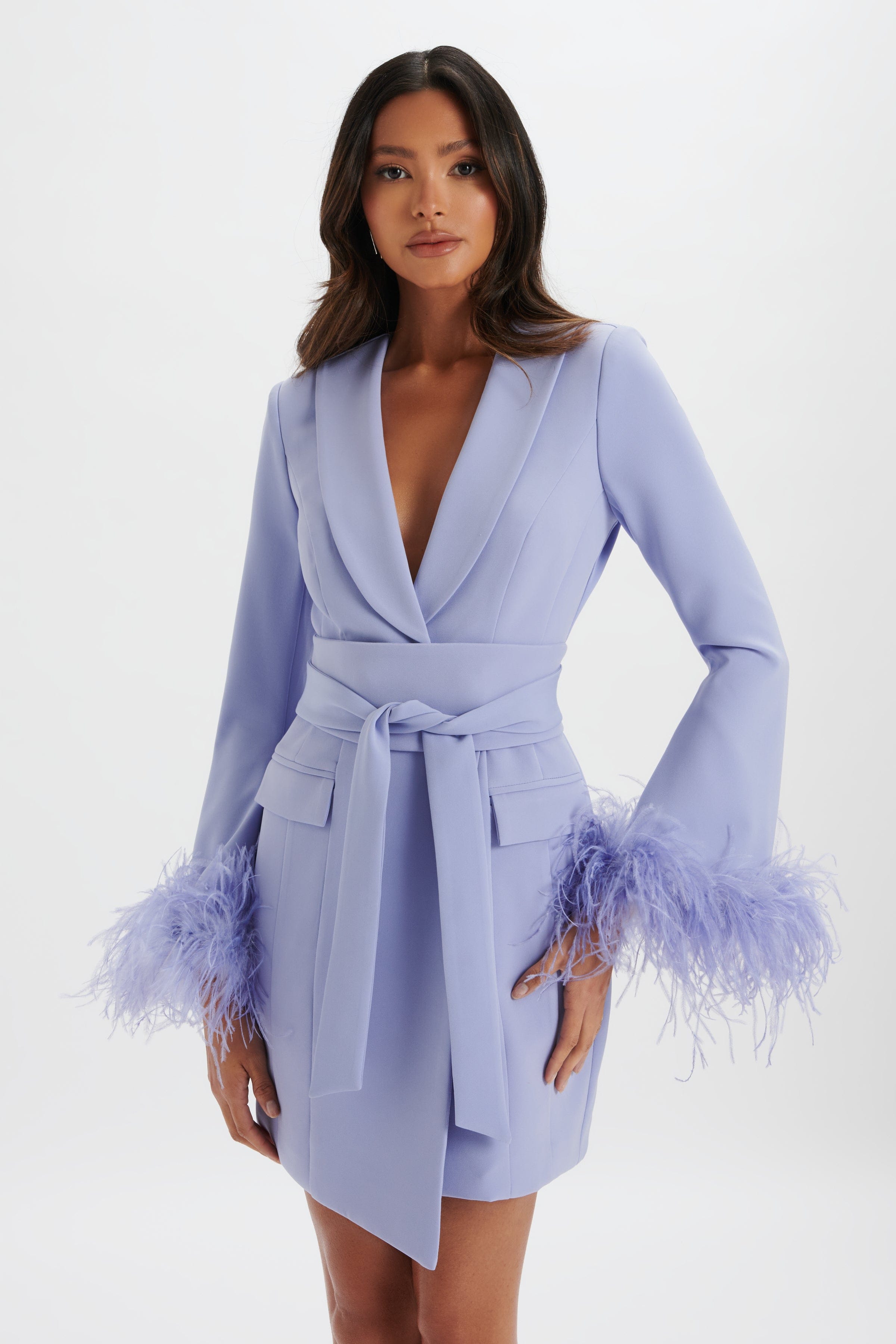 NIKOLA Feather Cuff Blazer Dress In Cornflower Blue