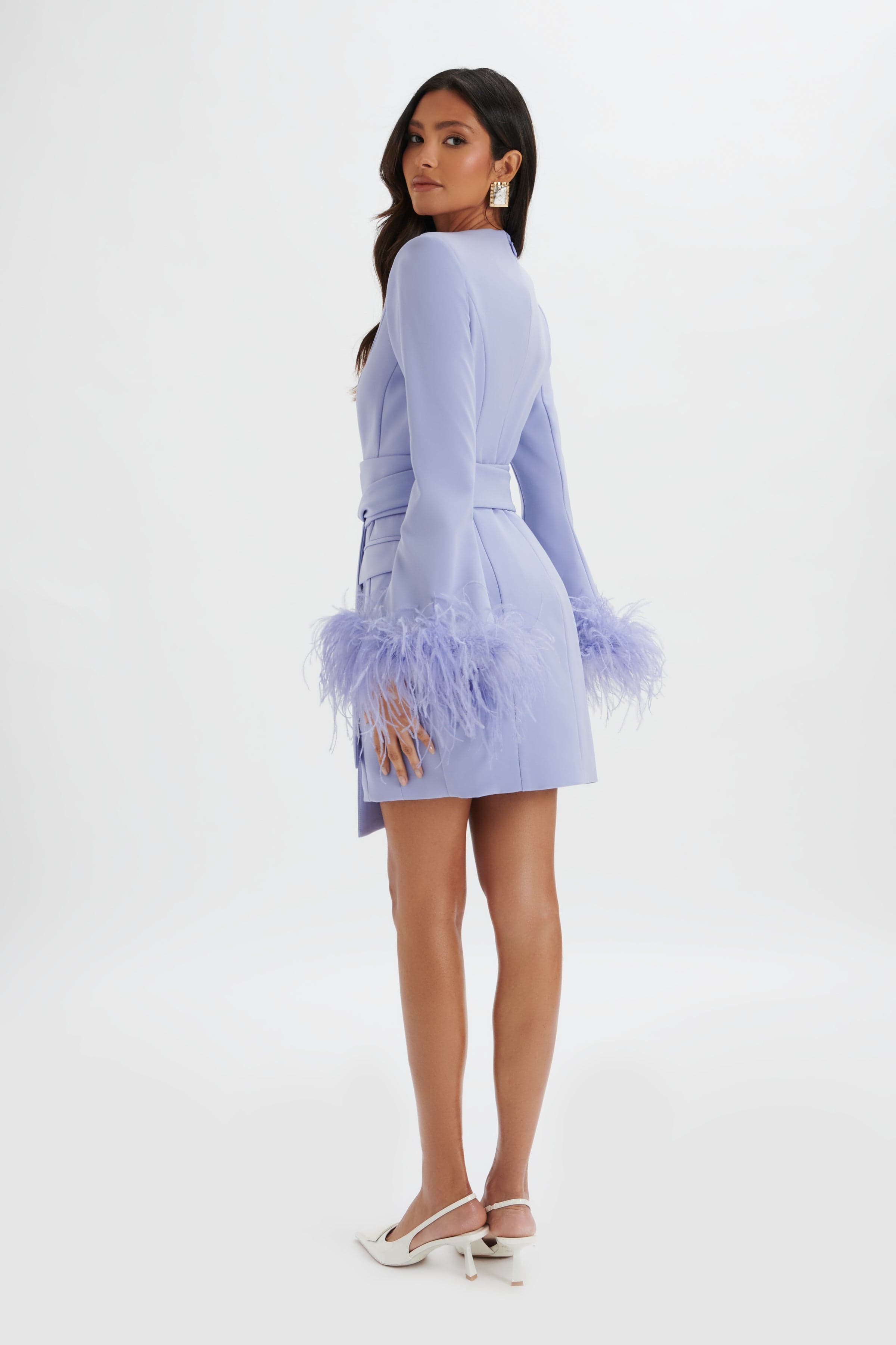 NIKOLA Feather Cuff Blazer Dress In Cornflower Blue