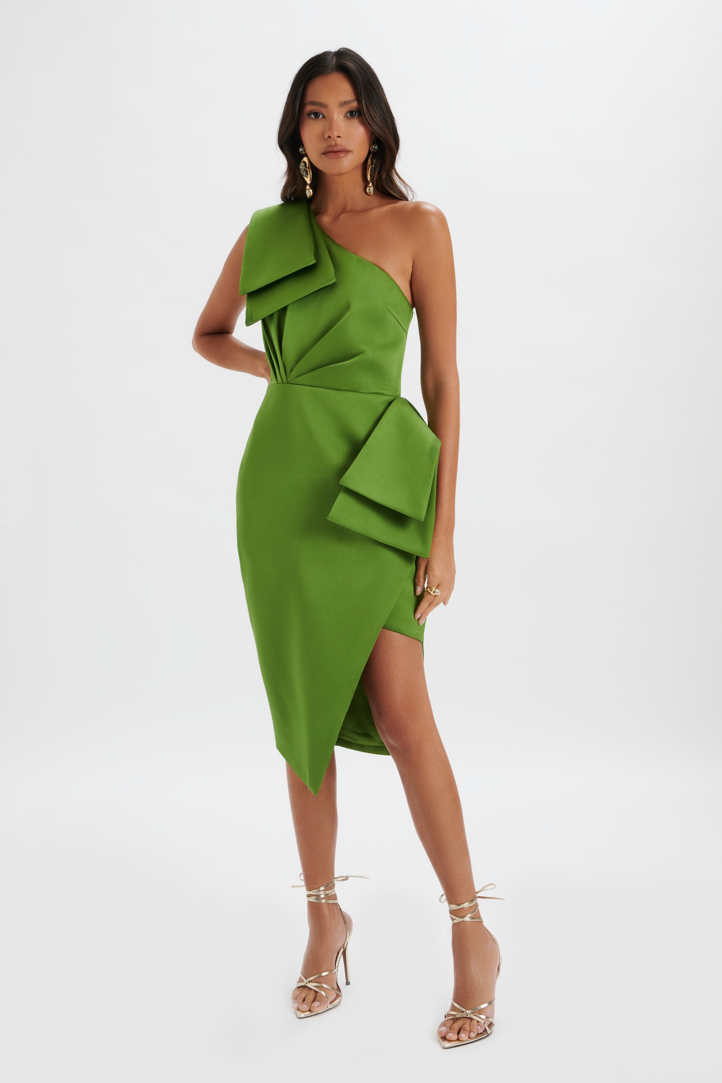 BLOOM One Shoulder Bow Detail Satin Midi Dress in Green