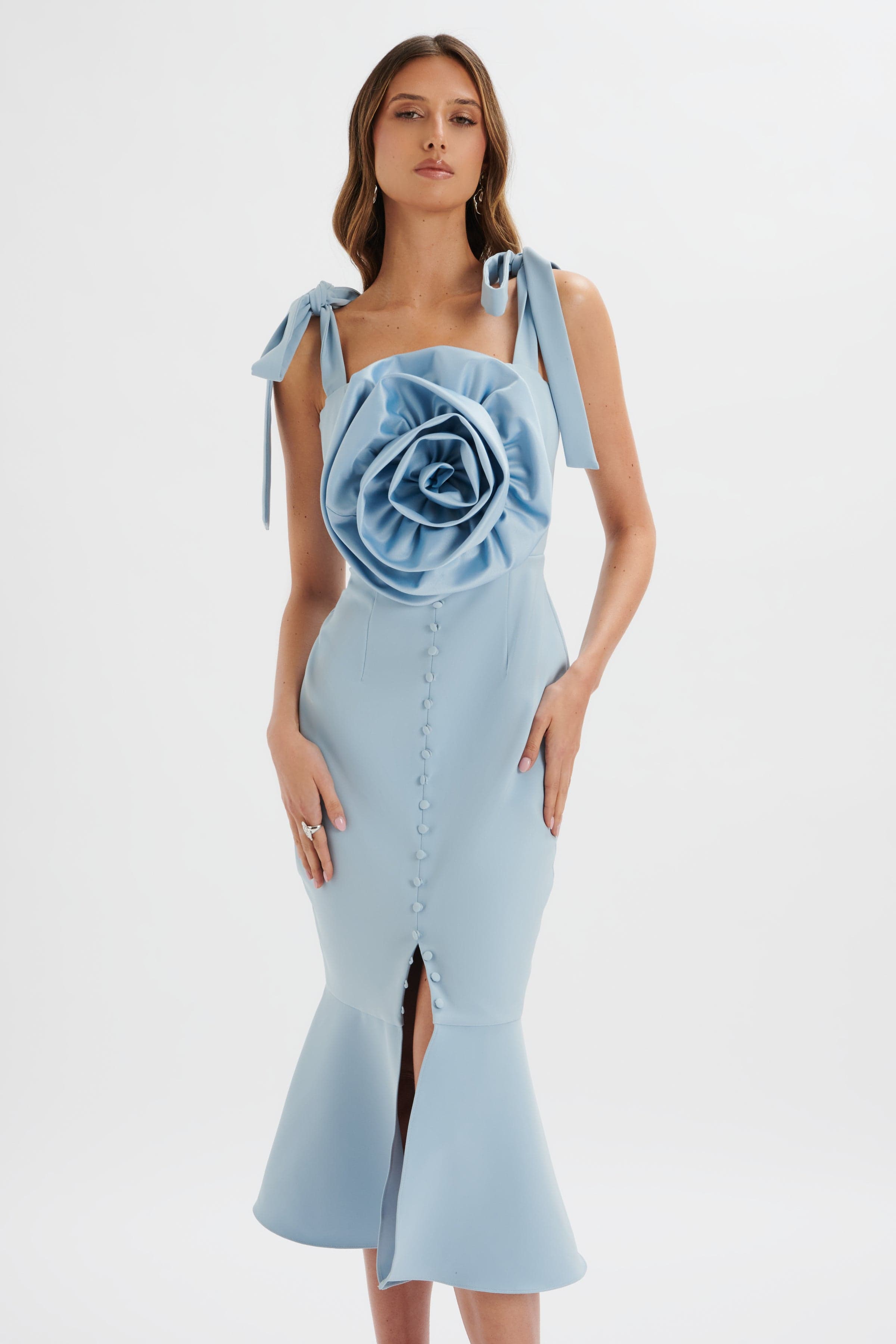 AUGUST Flower Detail Tie Strap Micro Button Midi Dress in Cornflower Blue