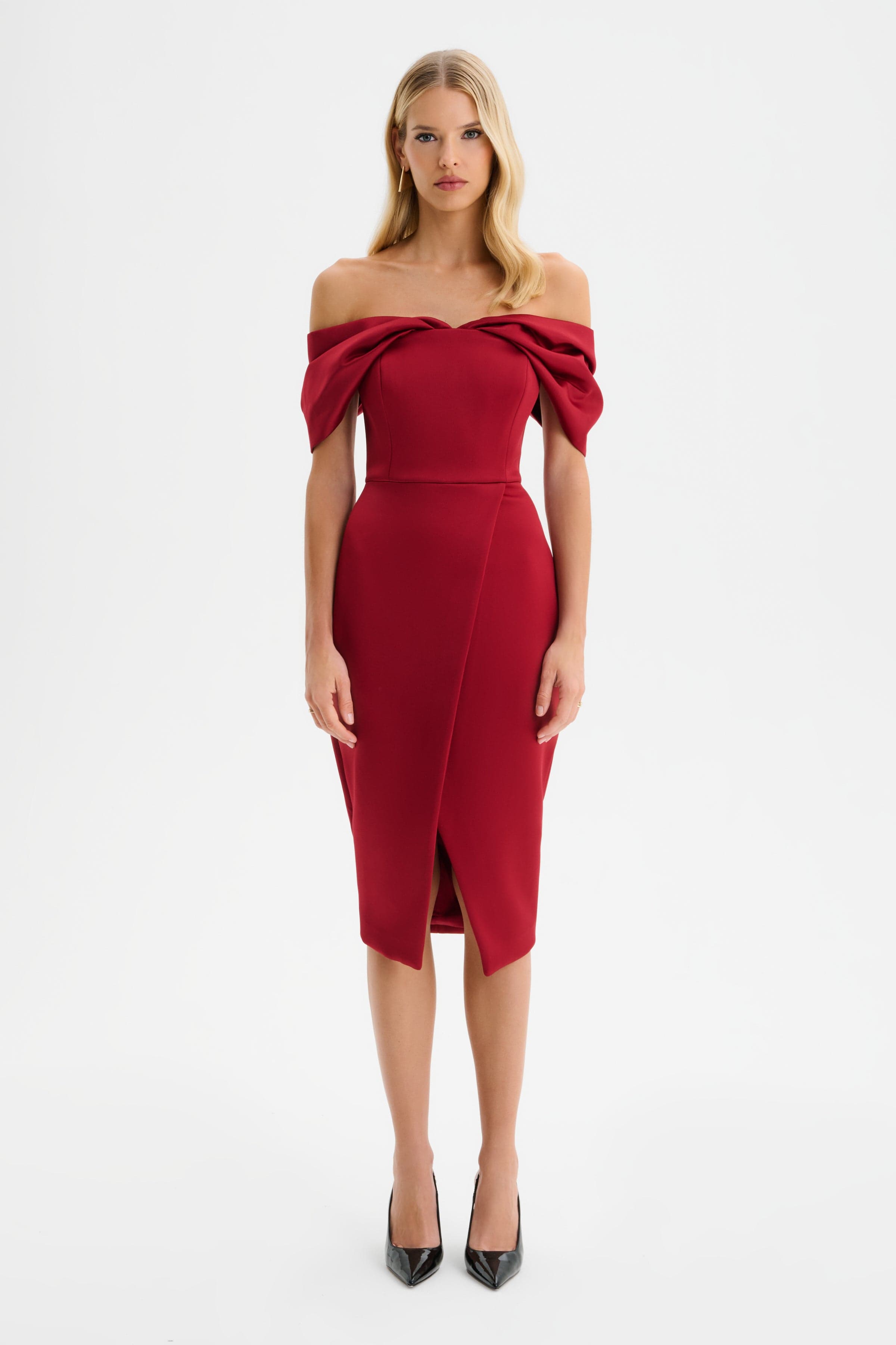 HARLEEN Draped Bardot Bonded Satin Midi Dress in Burgundy