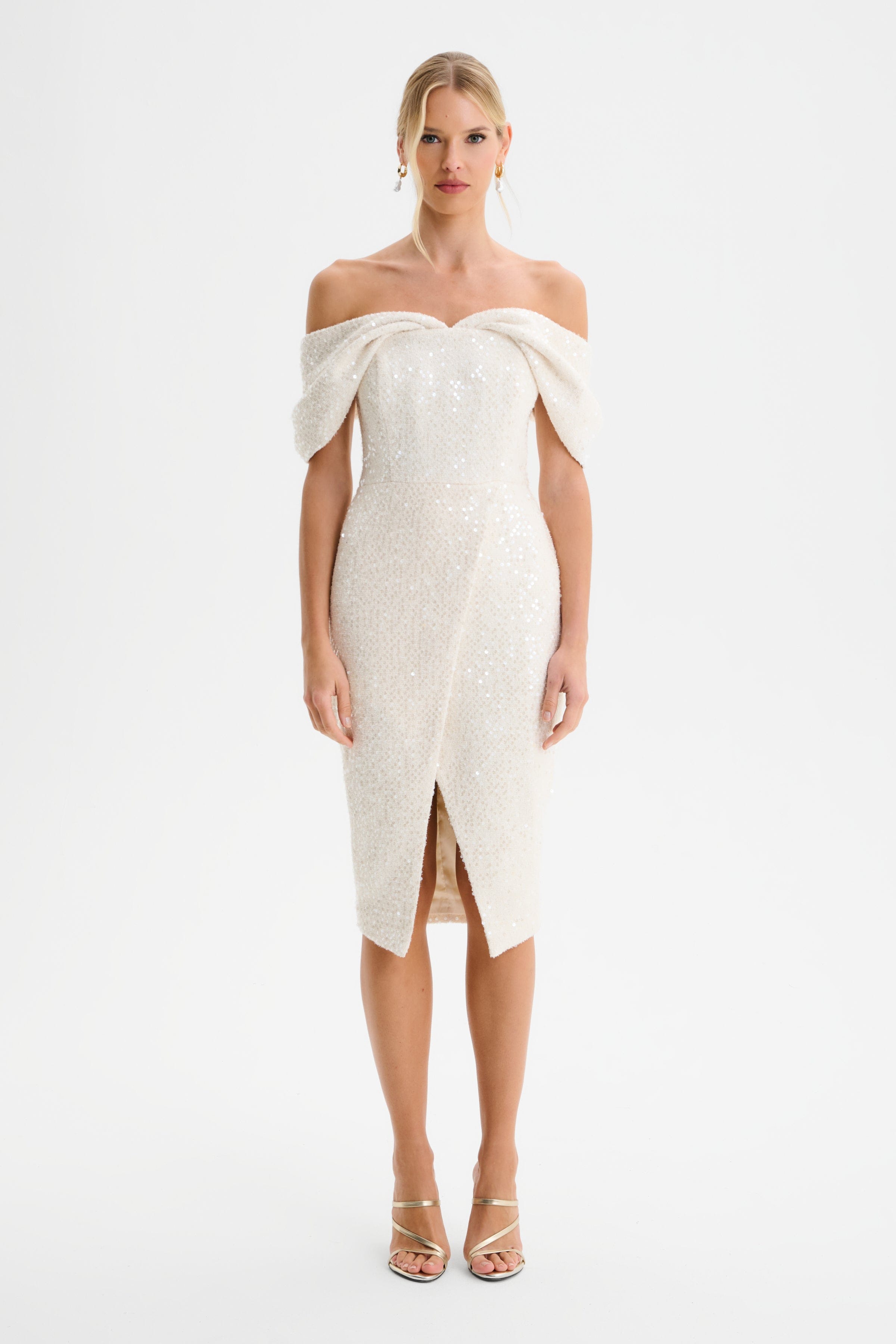 HARLEEN Draped Bardot Sequin Boucle Midi Dress in Beige