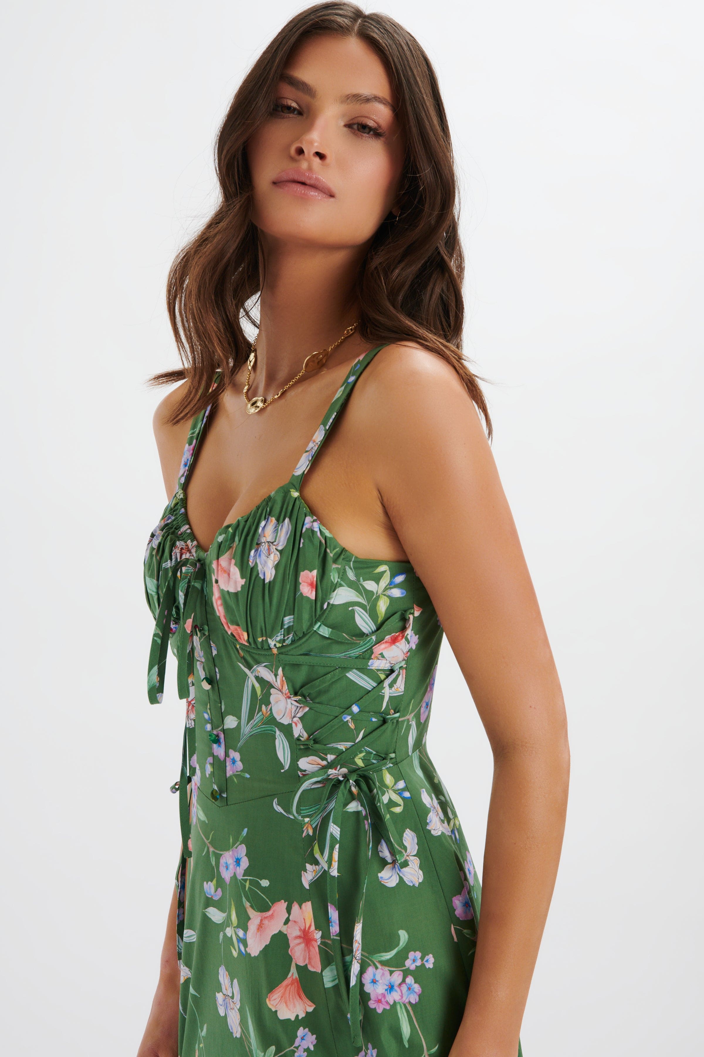 ROSEY Gathered Longline Dress in Green Floral Print