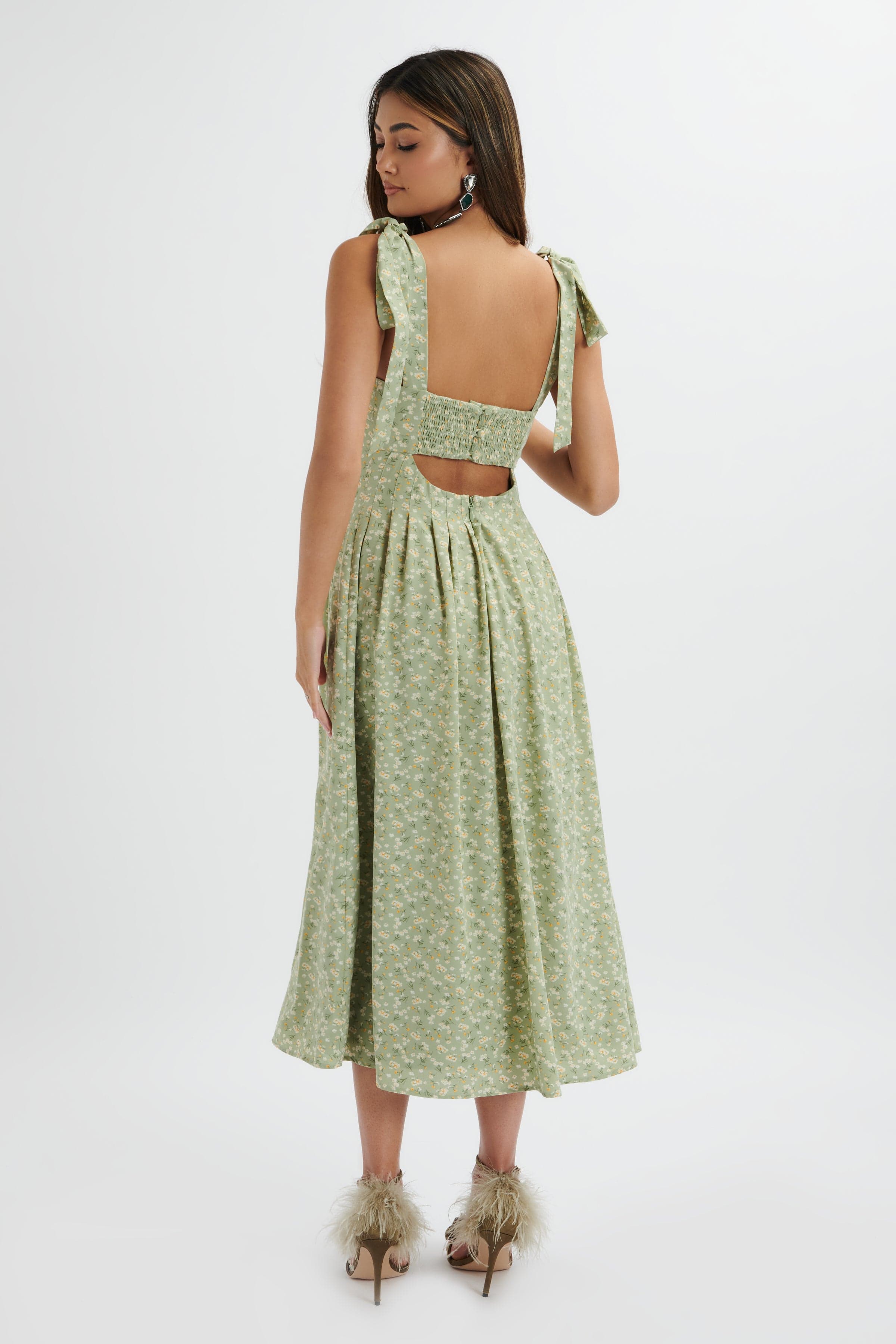 HALLE Micro Button Midi Sundress In Ditsy Floral Sage Green