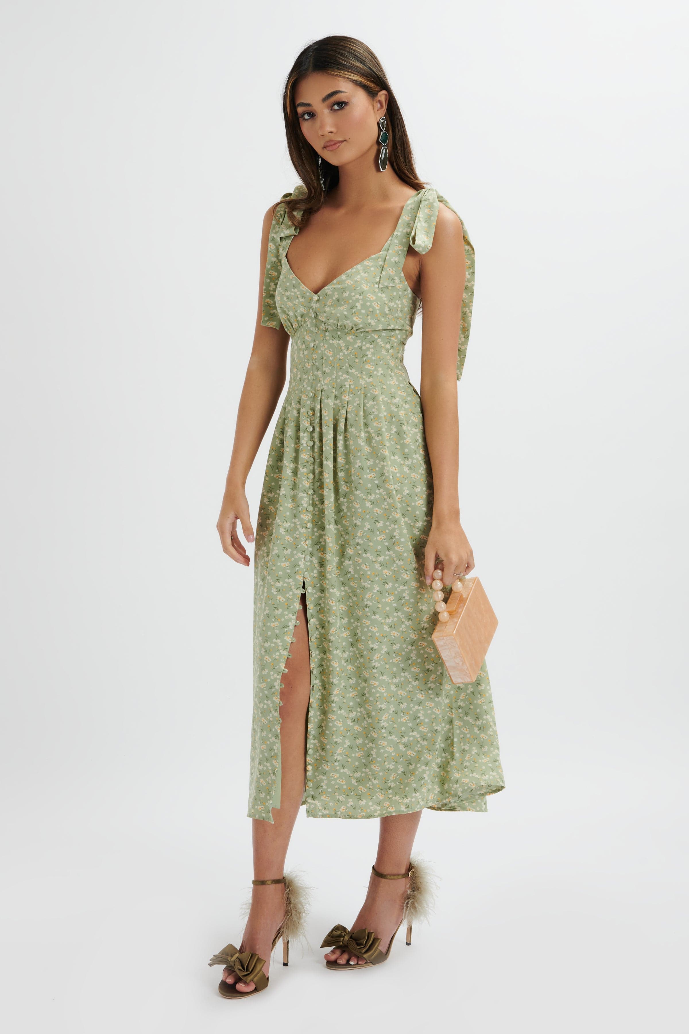 HALLE Micro Button Midi Sundress In Ditsy Floral Sage Green