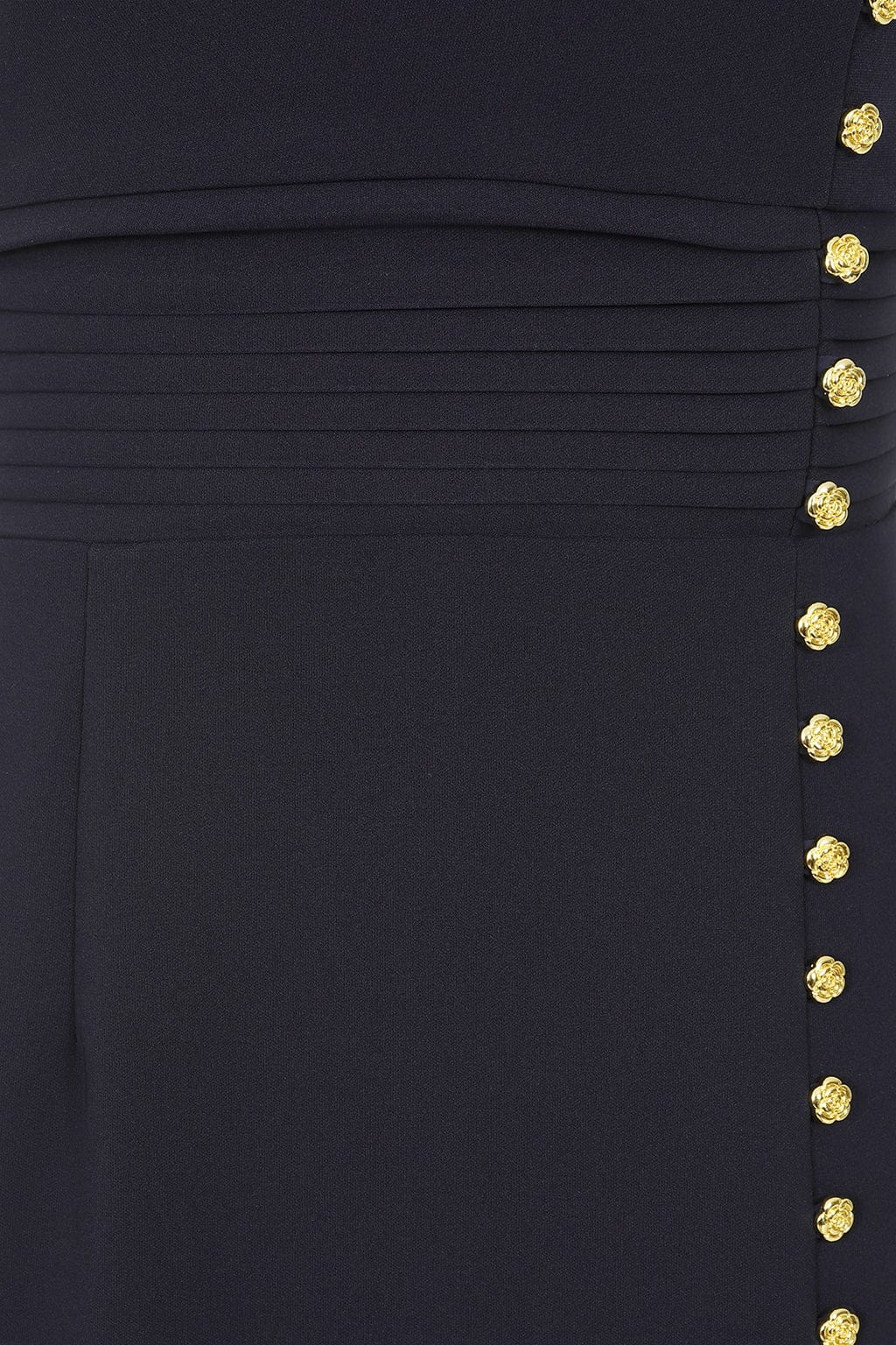 SAFFRON High Neck Rose Button Midi Dress in Navy