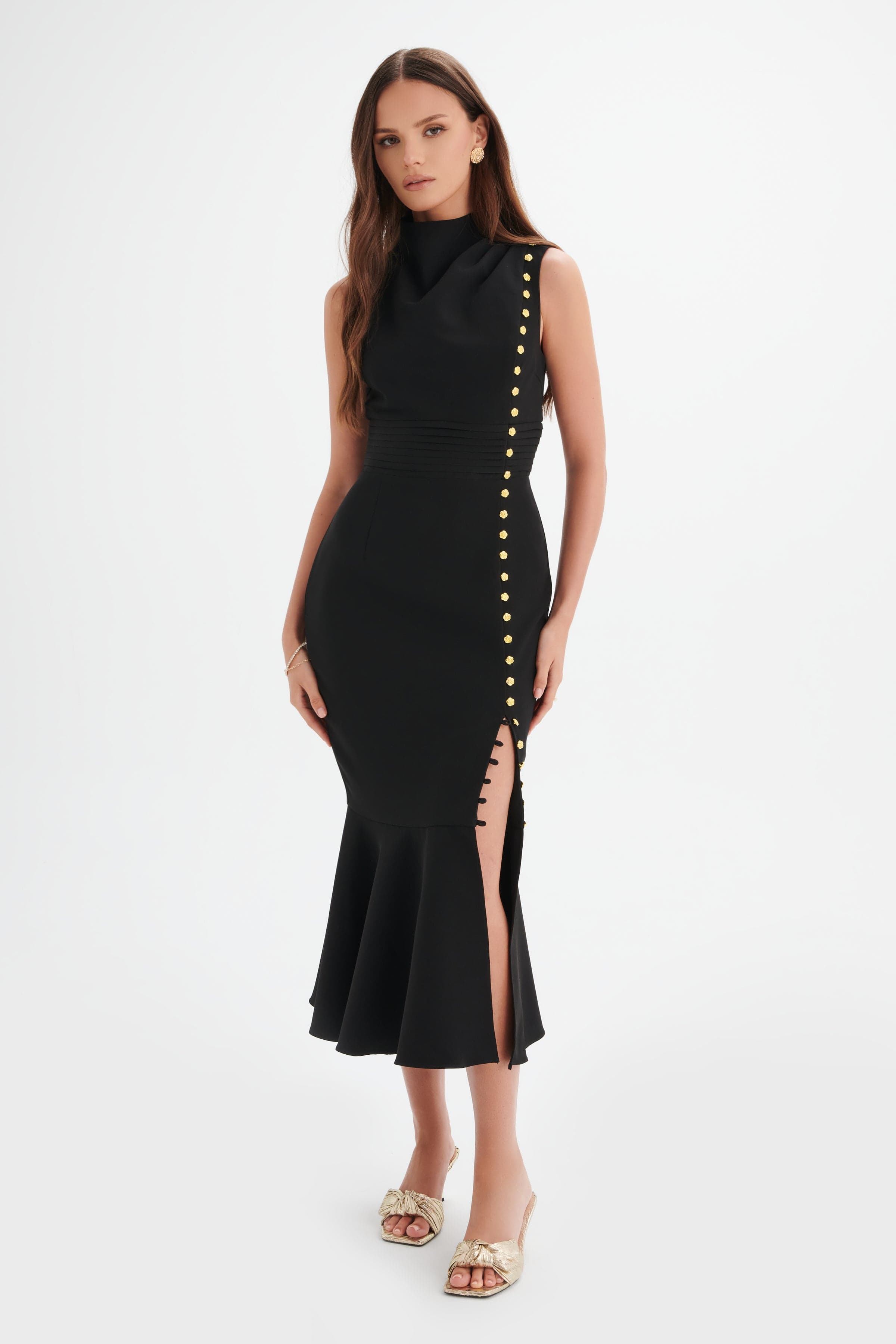 SAFFRON High Neck Rose Button Midi Dress in Black