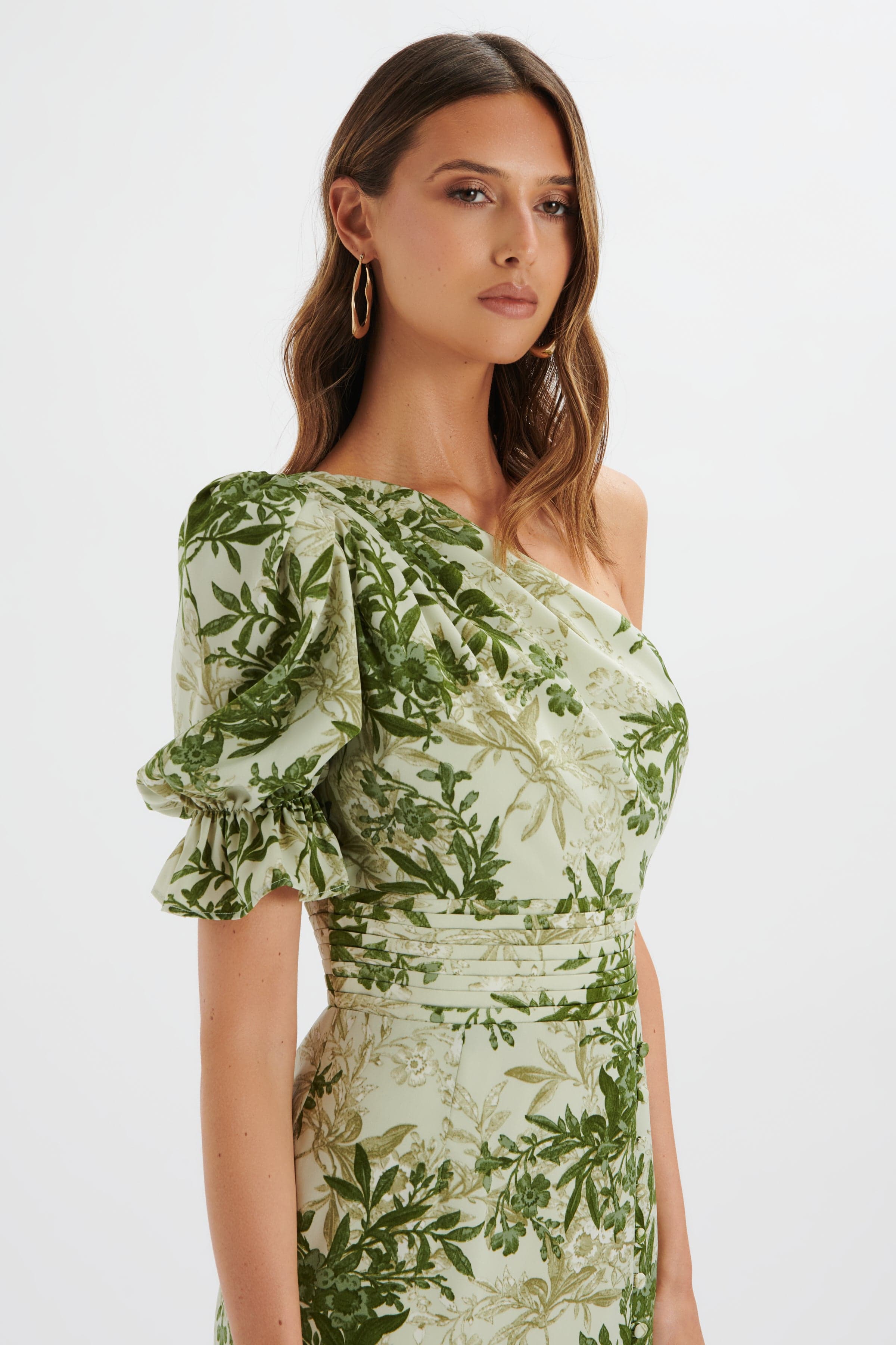 NAKIA Asymmetric Puff Sleeve Midi Dress in Botanical Print