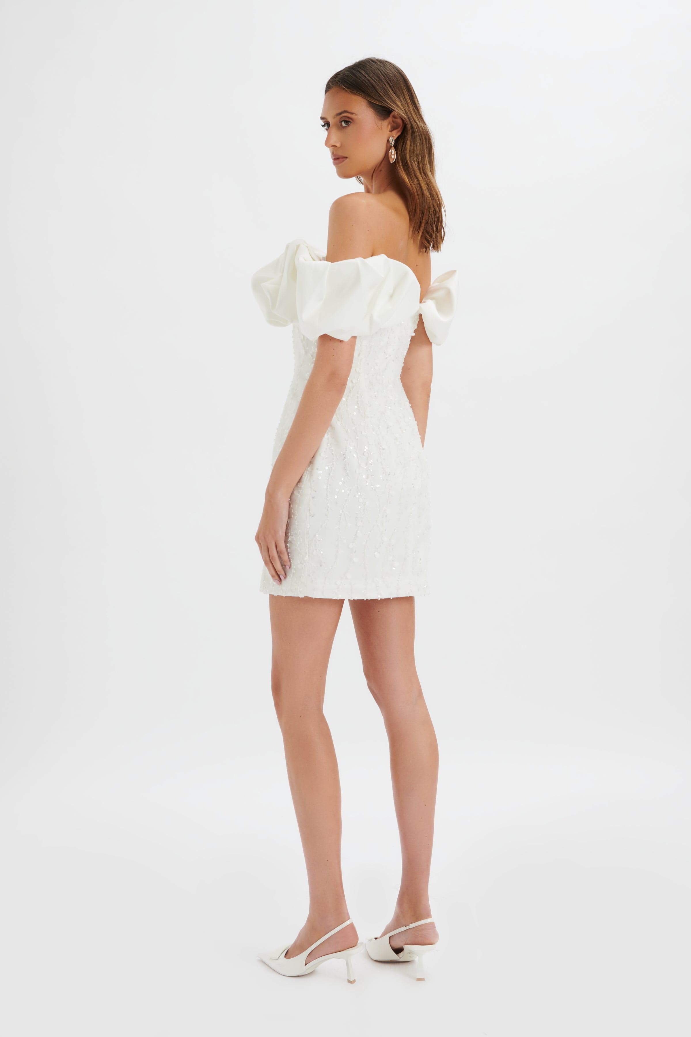MARCIA 3D Embroidered Satin Puff Mini Dress in White