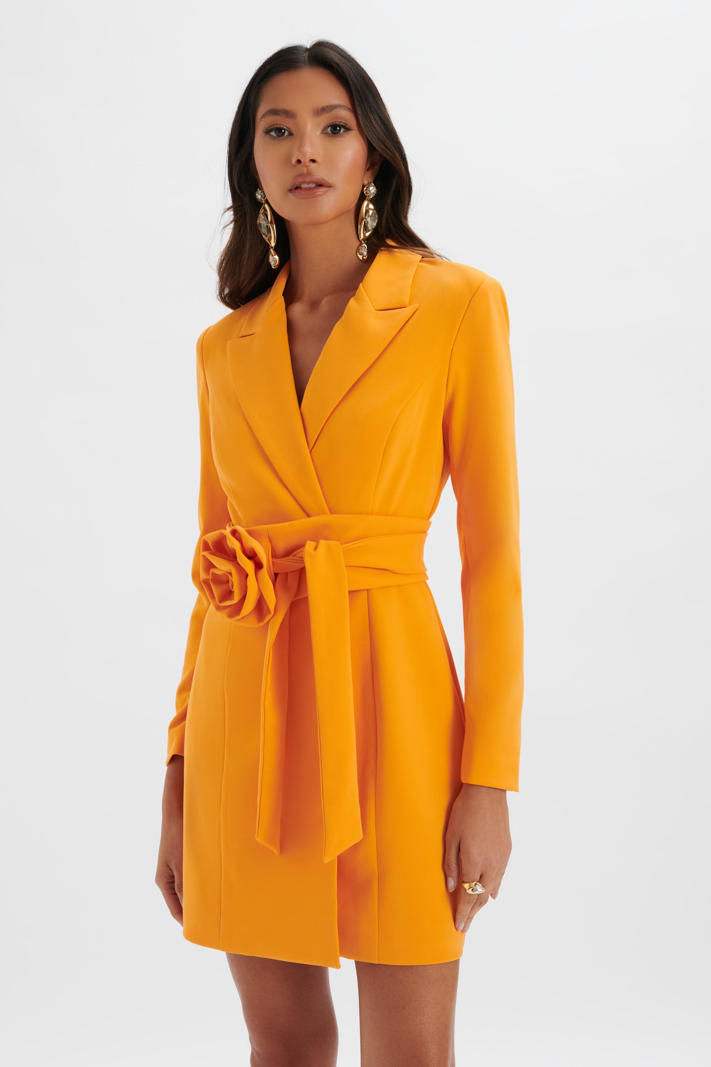 ADYA Rosette Belted Blazer Mini Dress in Orange