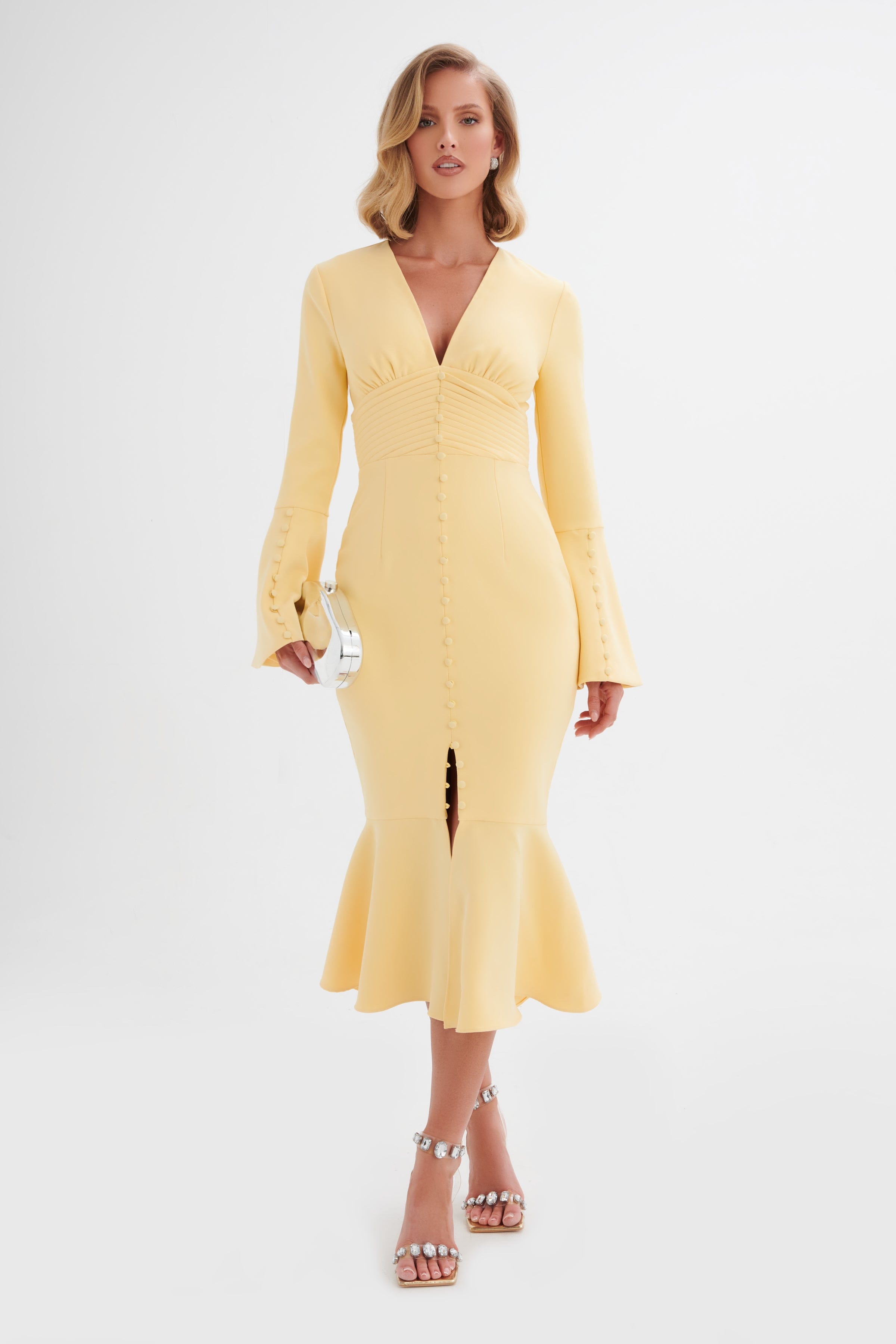 **PRE-ORDER** SALMA Fluted Sleeve Longline Fishtail Midi Dress In Yellow