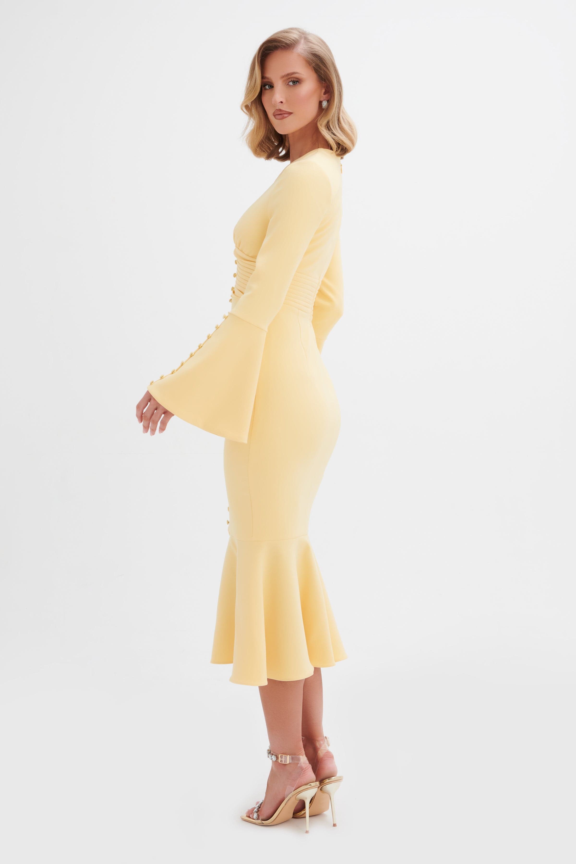 **PRE-ORDER** SALMA Fluted Sleeve Longline Fishtail Midi Dress In Yellow