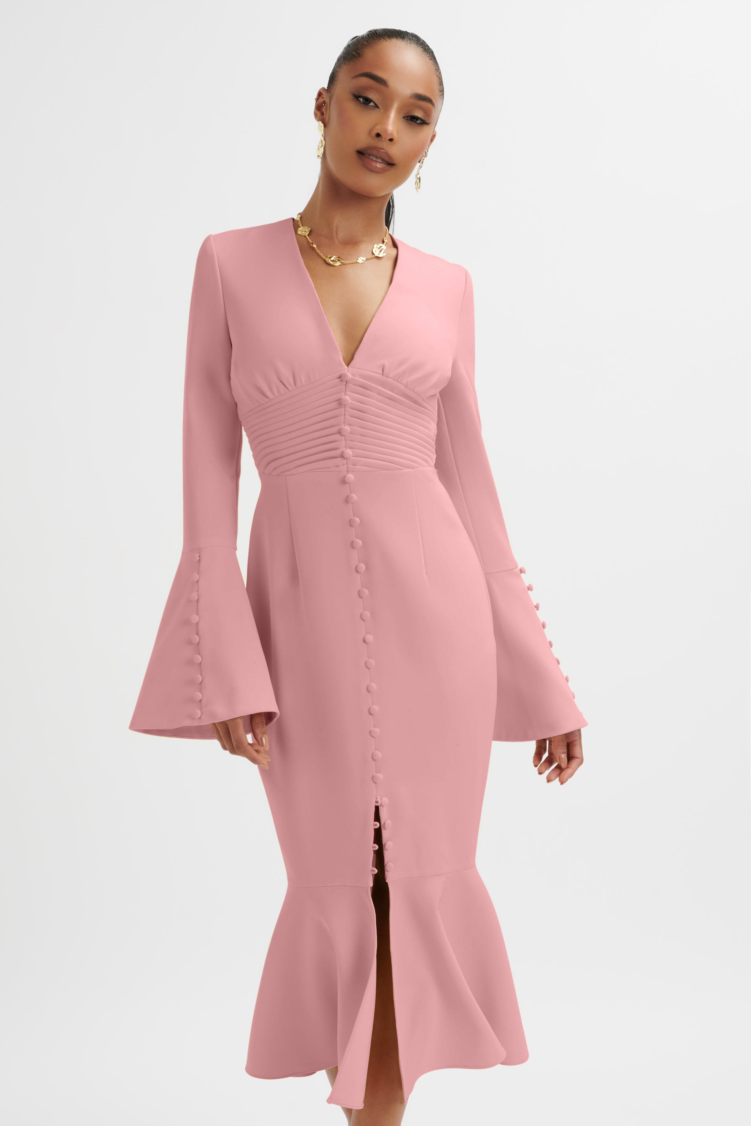 SALMA Fluted Sleeve Longline Fishtail Midi Dress In Pink