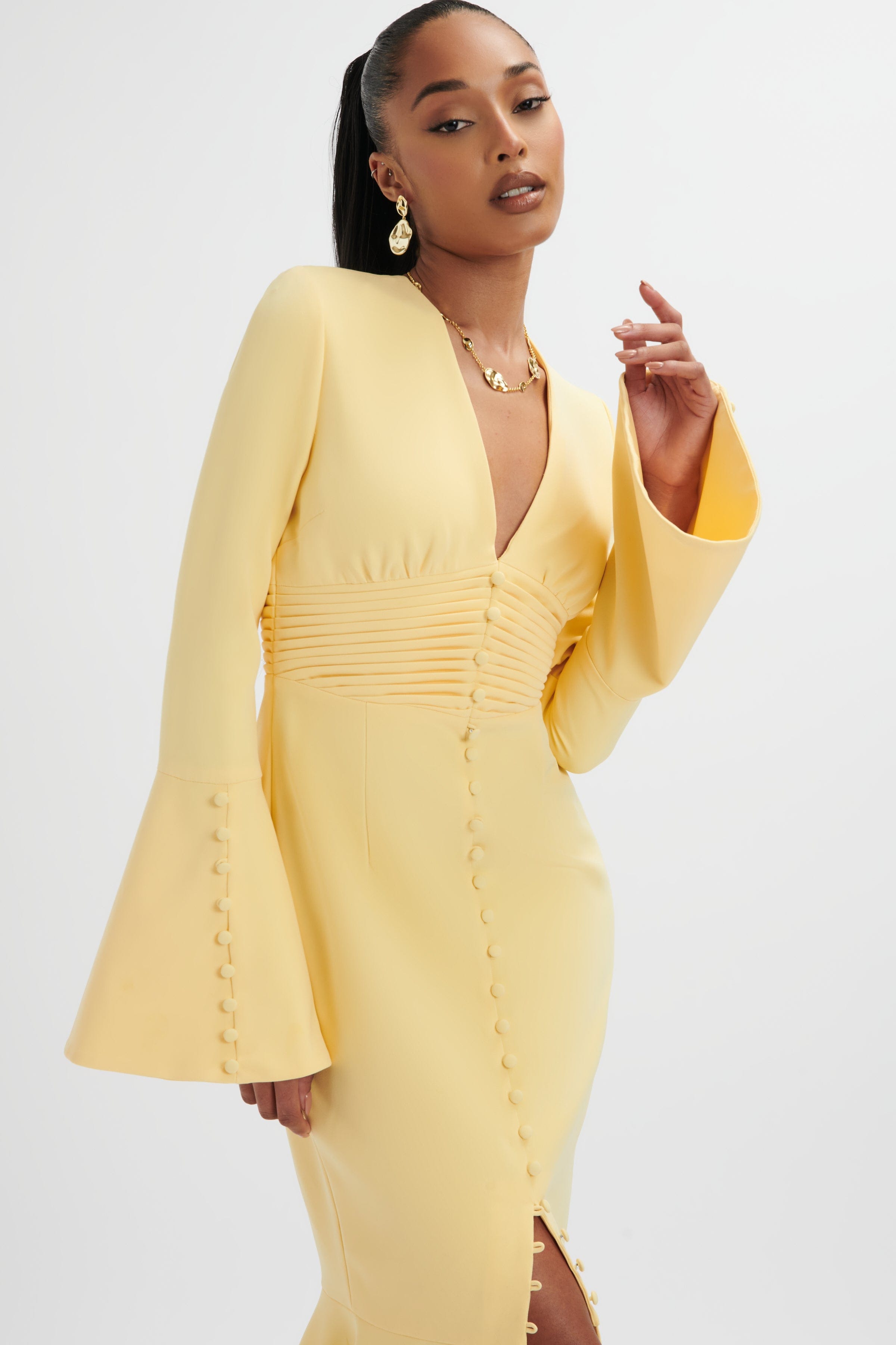 SALMA Fluted Sleeve Longline Fishtail Midi Dress In Yellow
