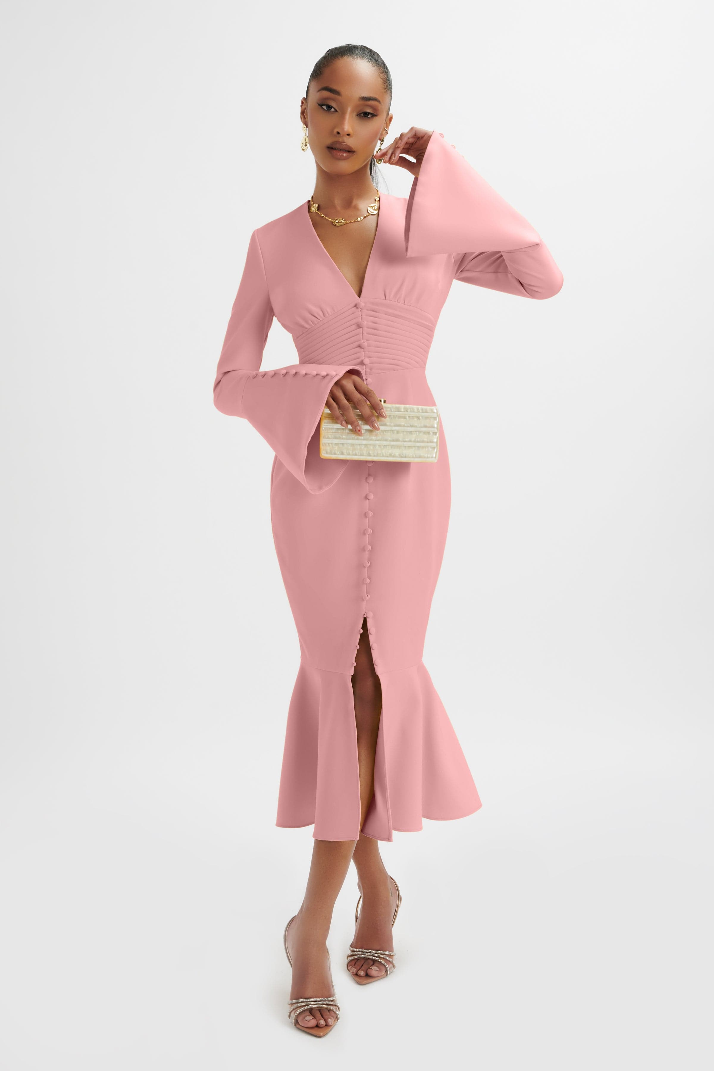 SALMA Fluted Sleeve Longline Fishtail Midi Dress In Pink
