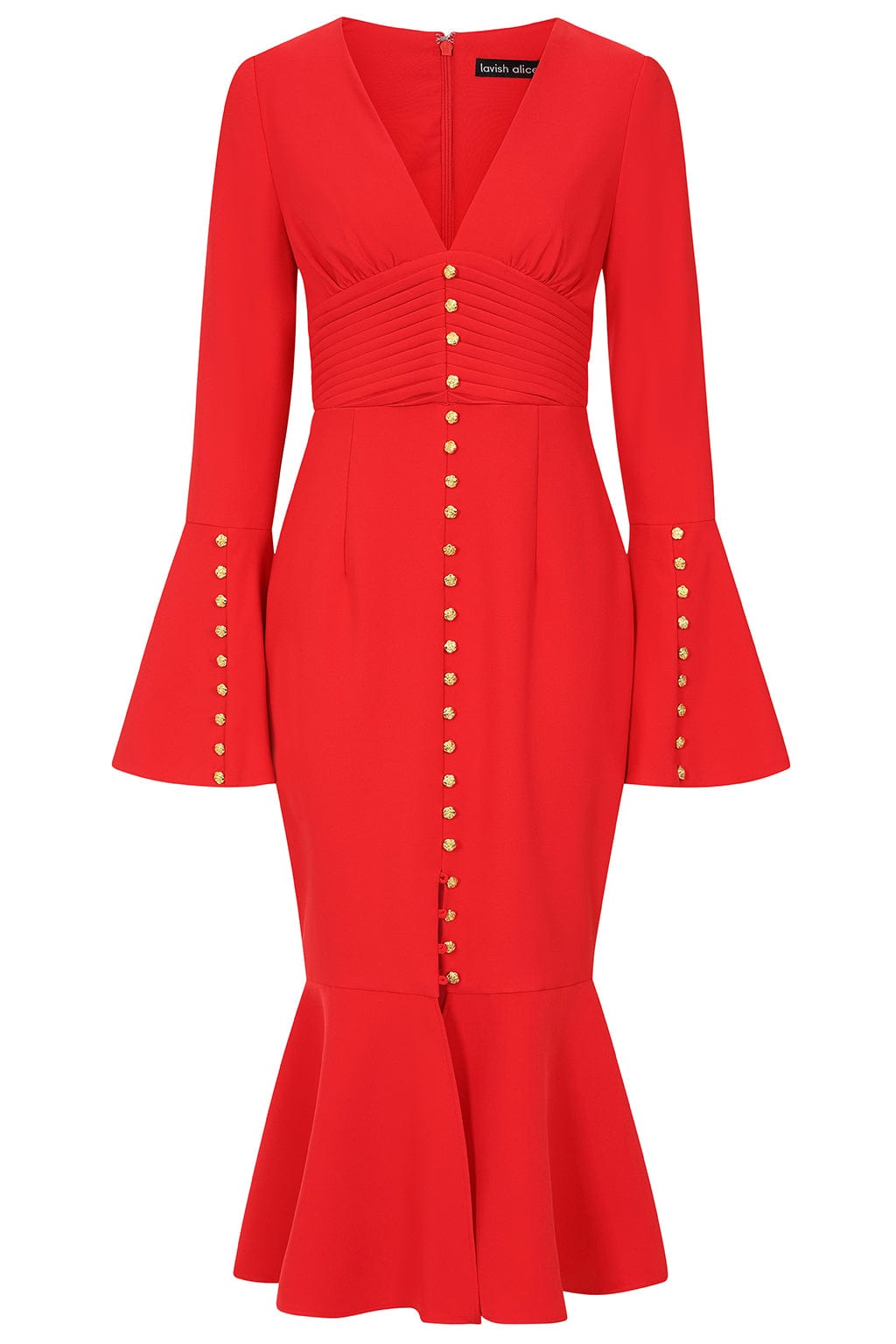 SALMA Fluted Sleeve Rose Button Midi Dress in Red