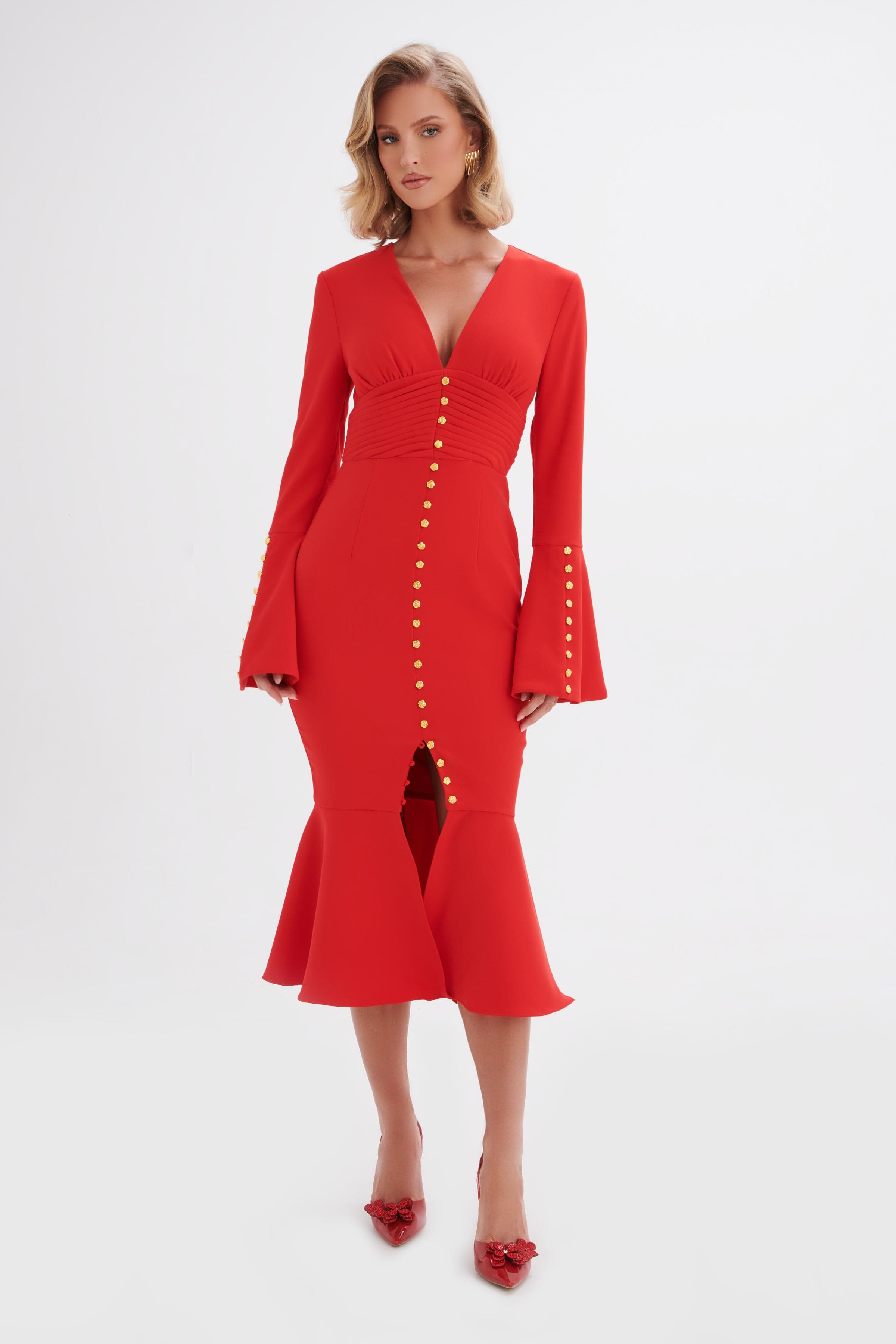 SALMA Fluted Sleeve Rose Button Midi Dress in Red