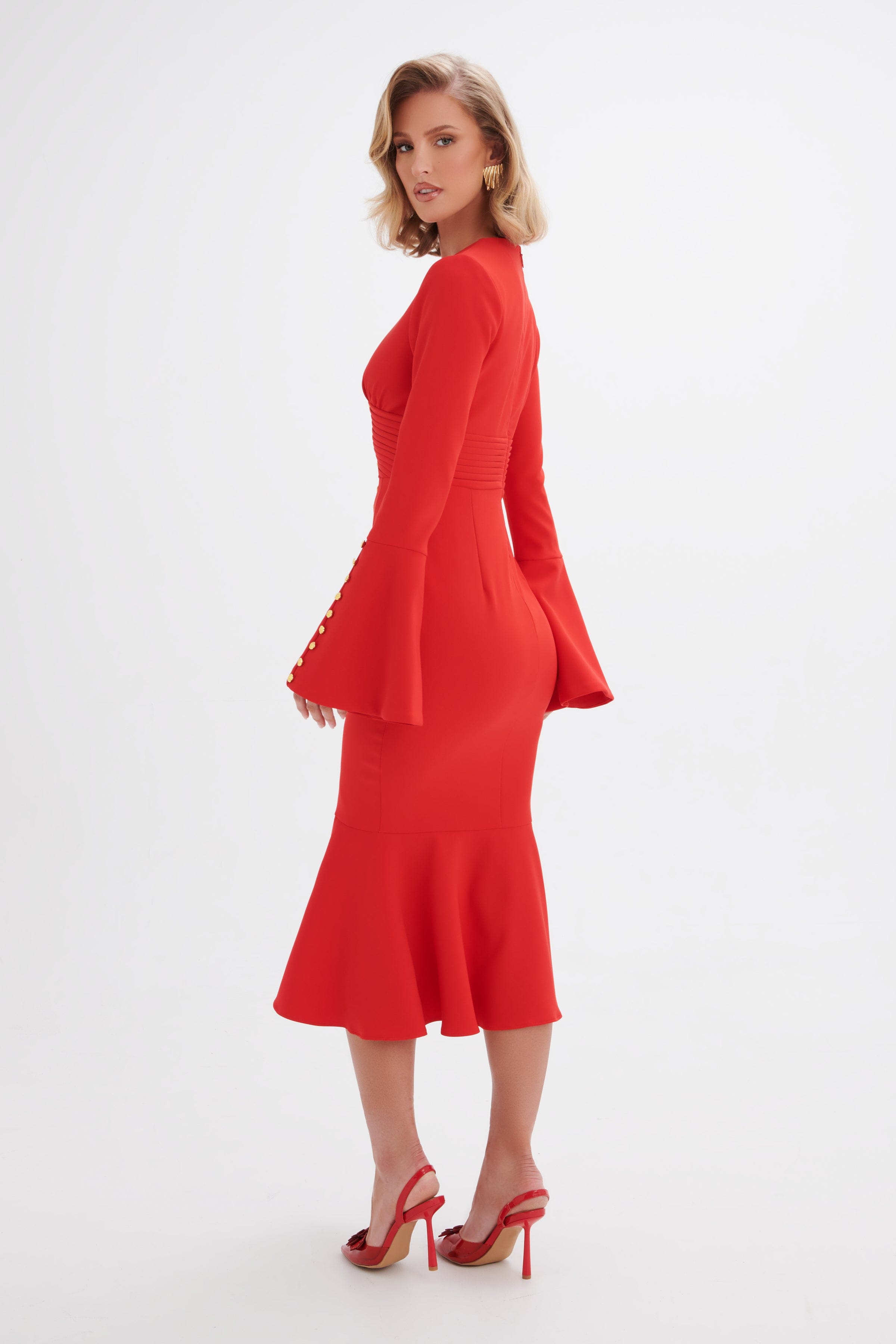 SALMA Fluted Sleeve Rose Button Midi Dress in Red