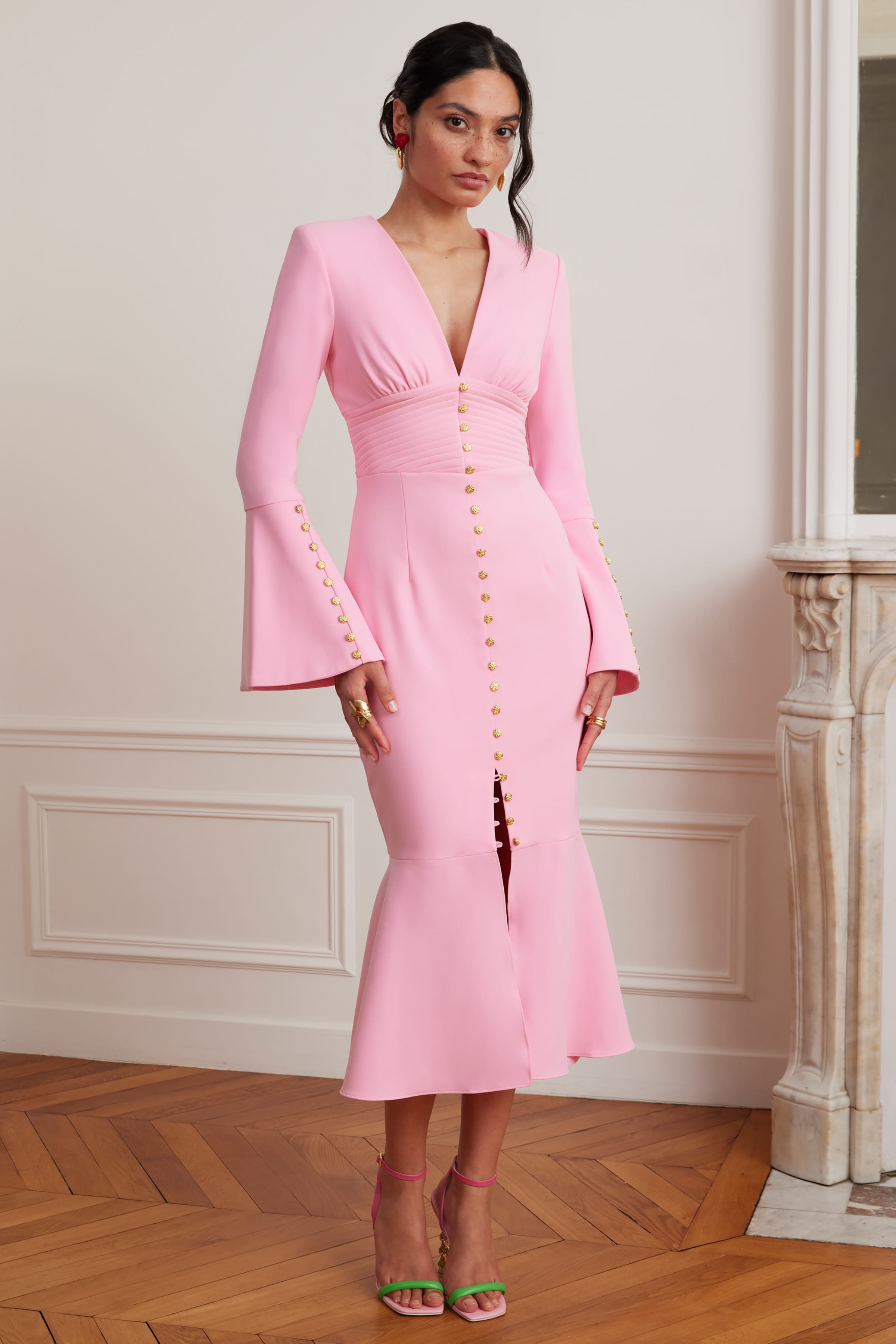 SALMA Fluted Sleeve Micro Rose Button Midi Dress in Pink
