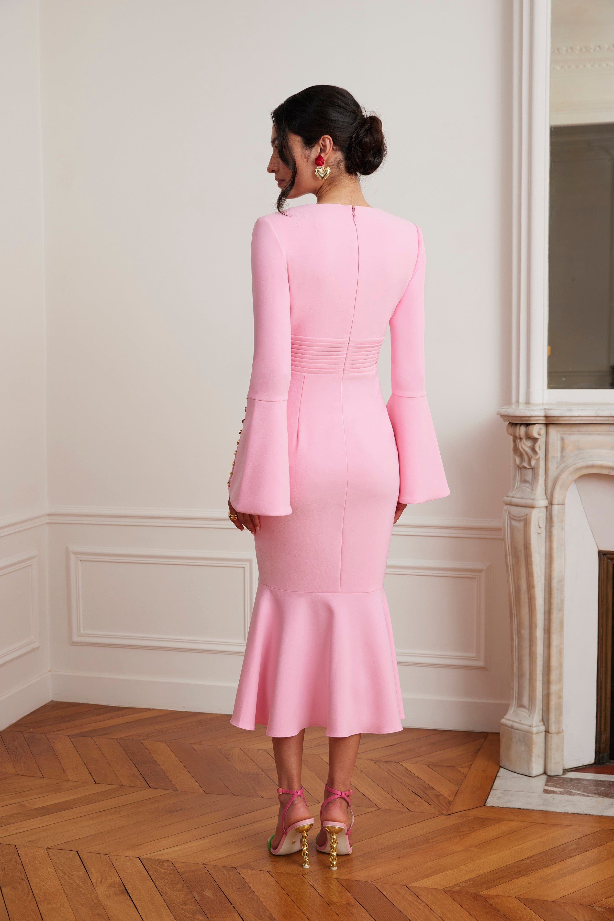 SALMA Fluted Sleeve Micro Rose Button Midi Dress in Pink