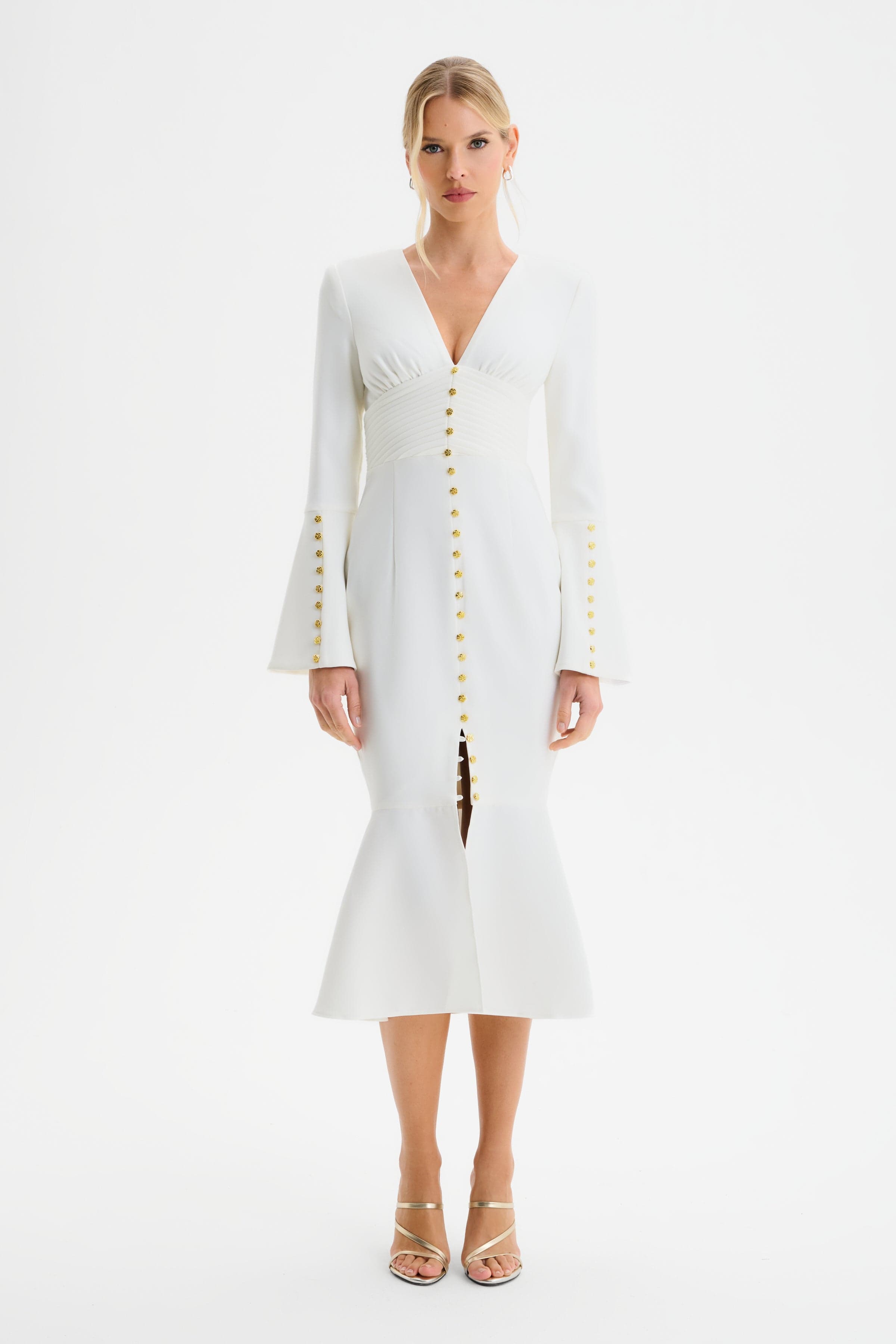 SALMA Fluted Sleeve Micro Rose Button Midi Dress in White