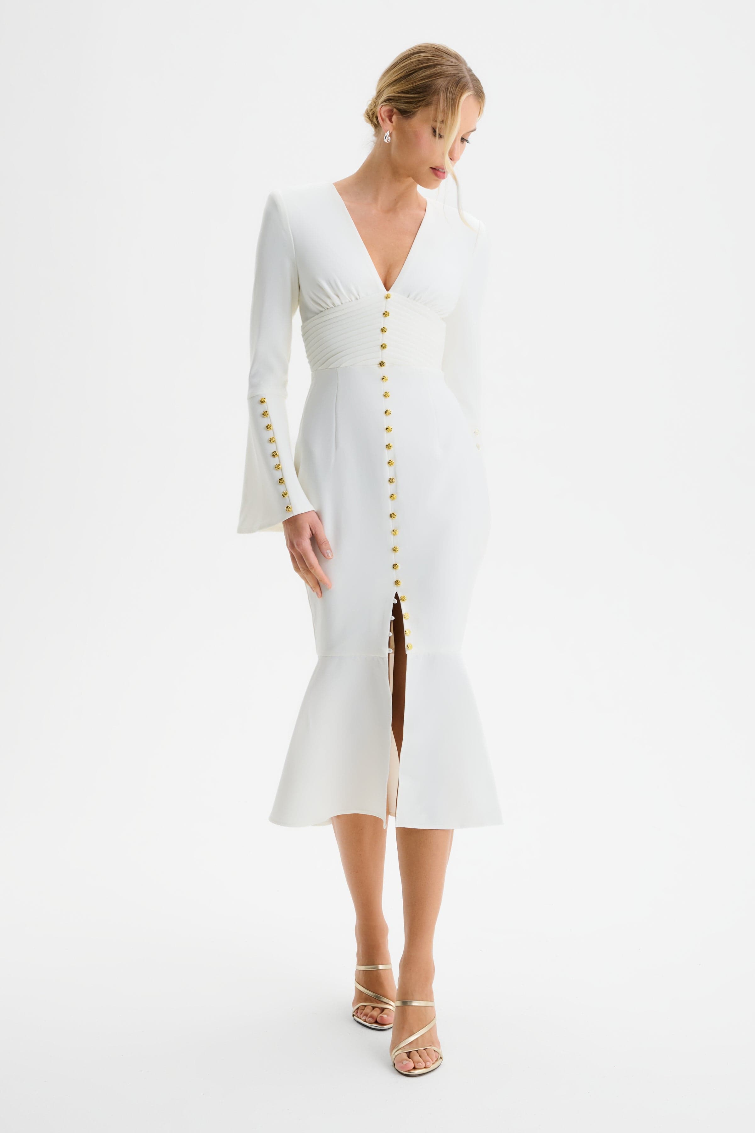 SALMA Fluted Sleeve Micro Rose Button Midi Dress in White