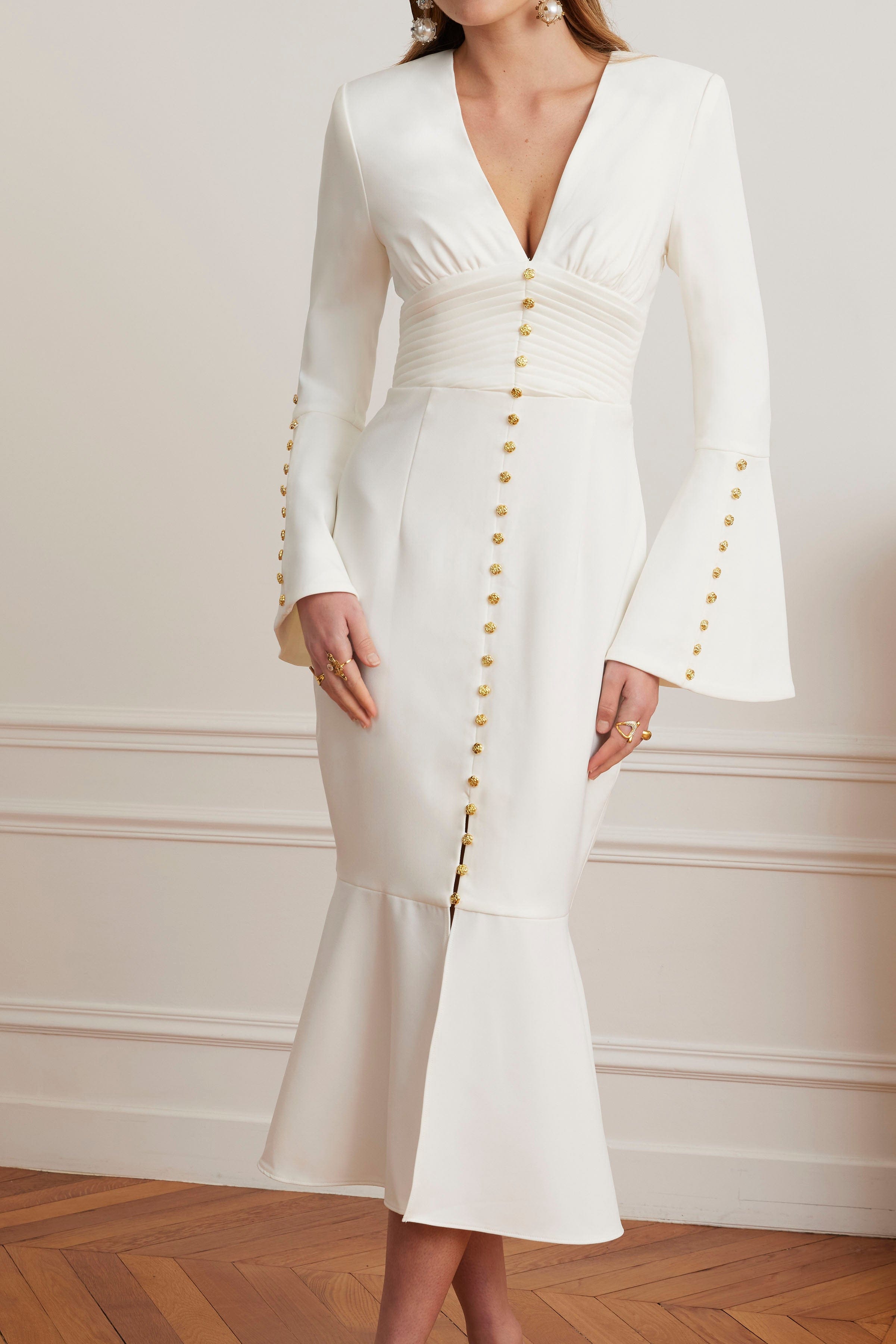 SALMA Fluted Sleeve Micro Gold Button Midi Dress in White