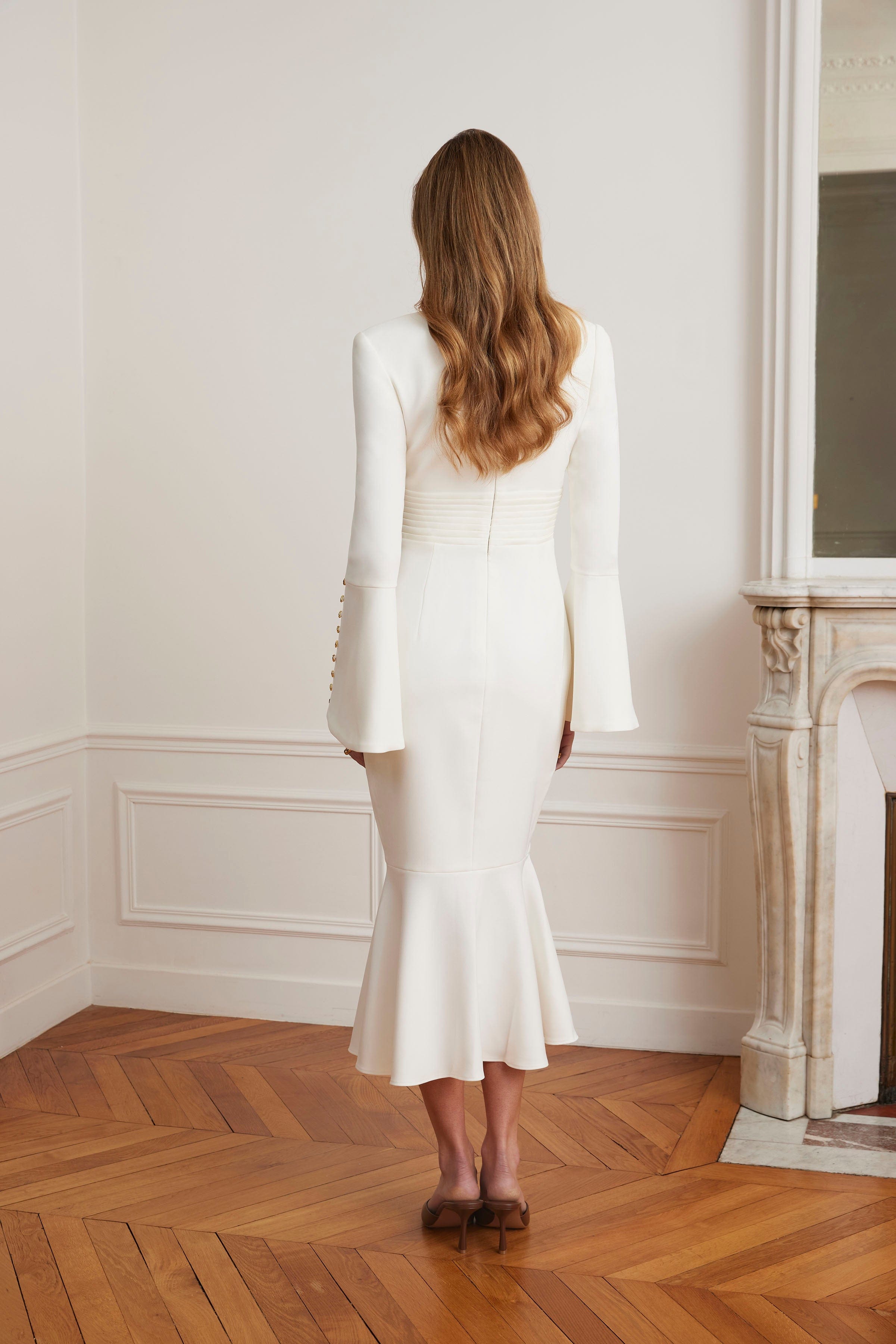 SALMA Fluted Sleeve Micro Gold Button Midi Dress in White