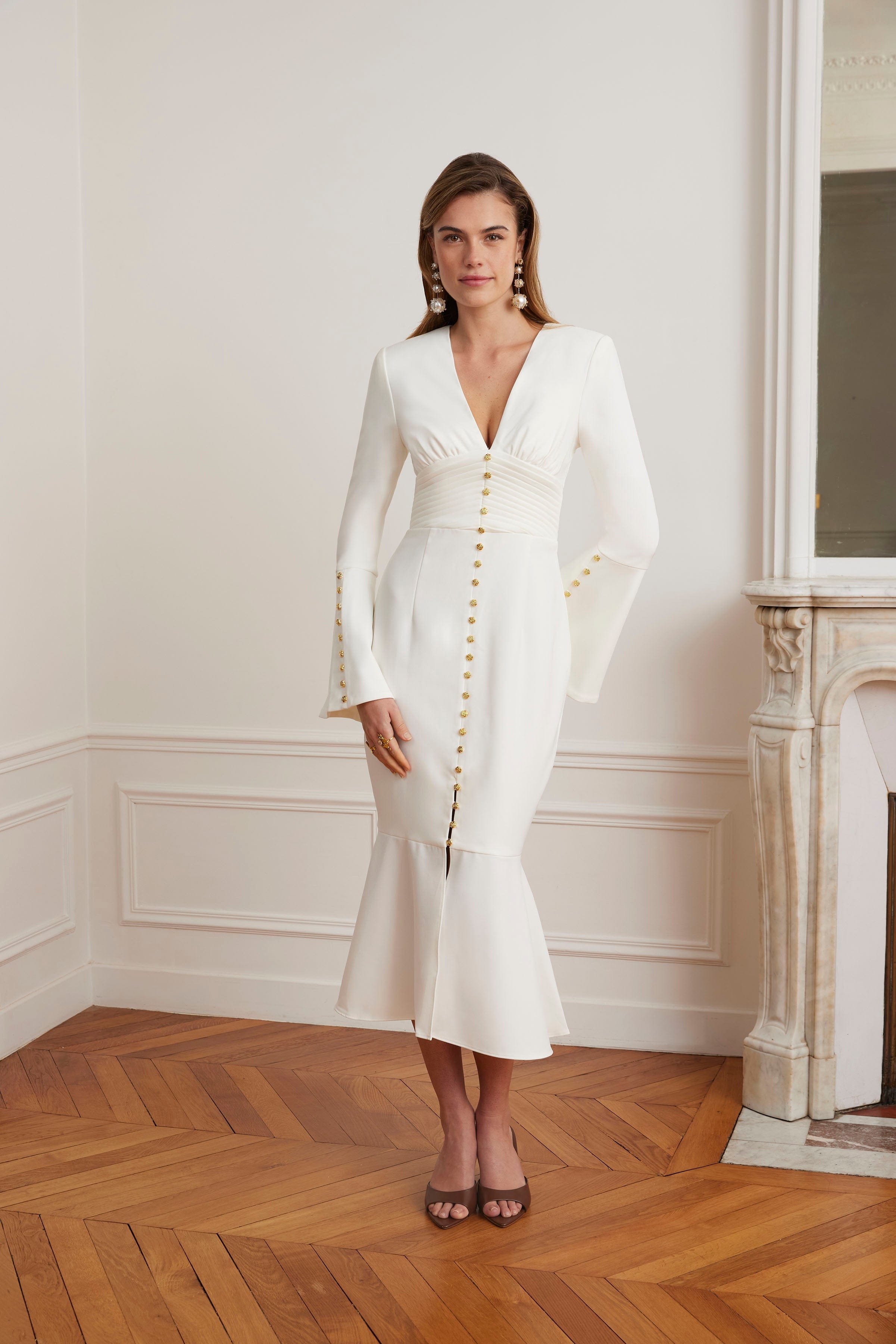 SALMA Fluted Sleeve Micro Gold Button Midi Dress in White