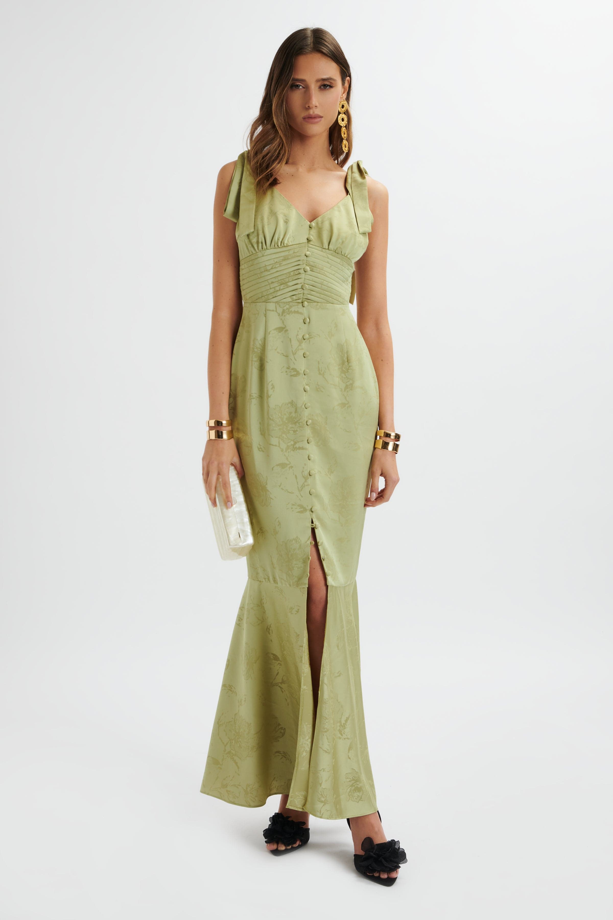 KAMILA Tie Strap Micro Button Satin Maxi Dress In Green Floral