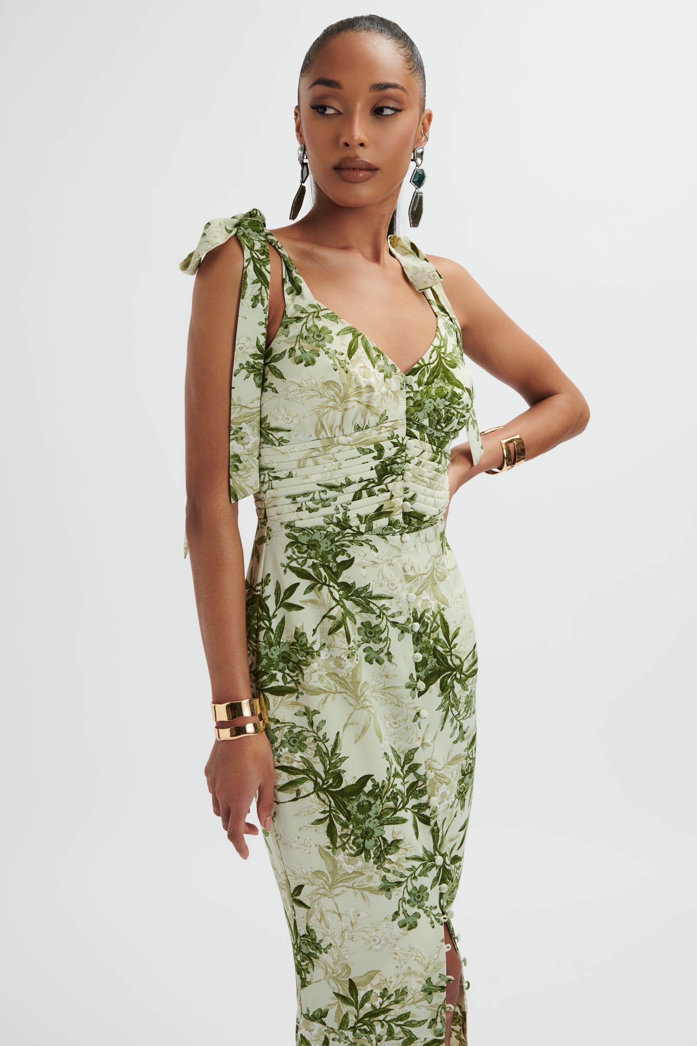 KAMILA Tie Strap Micro Button Maxi Dress In Botanical Print