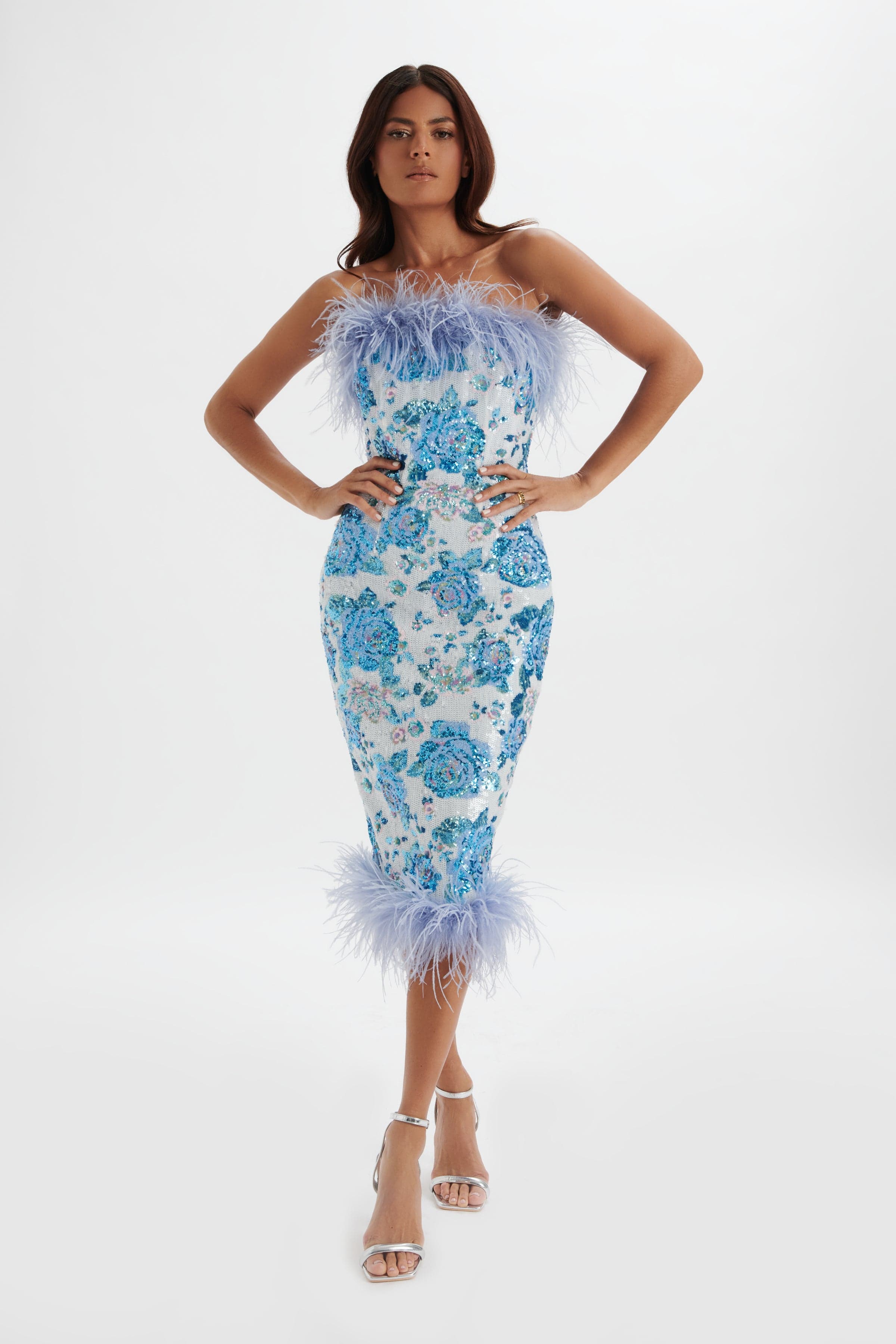 SAMI Feather Bandeau Midi Dress in White and Blue Rose Sequin