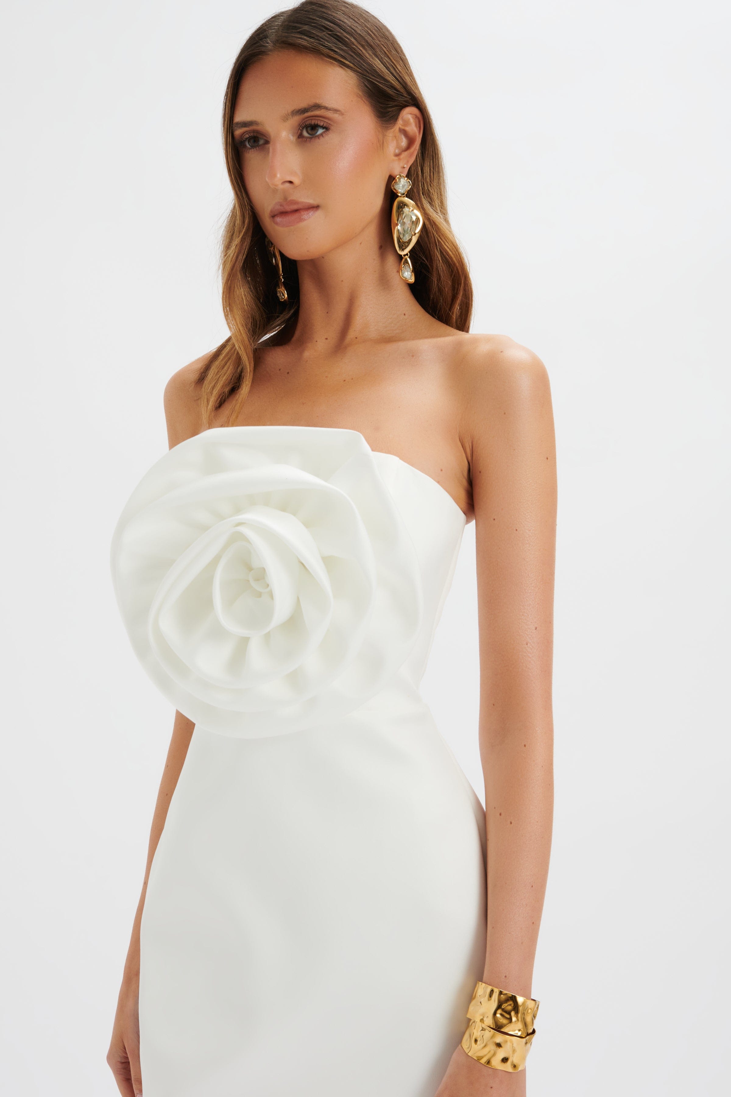 BRYANNA 3D Flower Bandeau Satin Mini Dress in White
