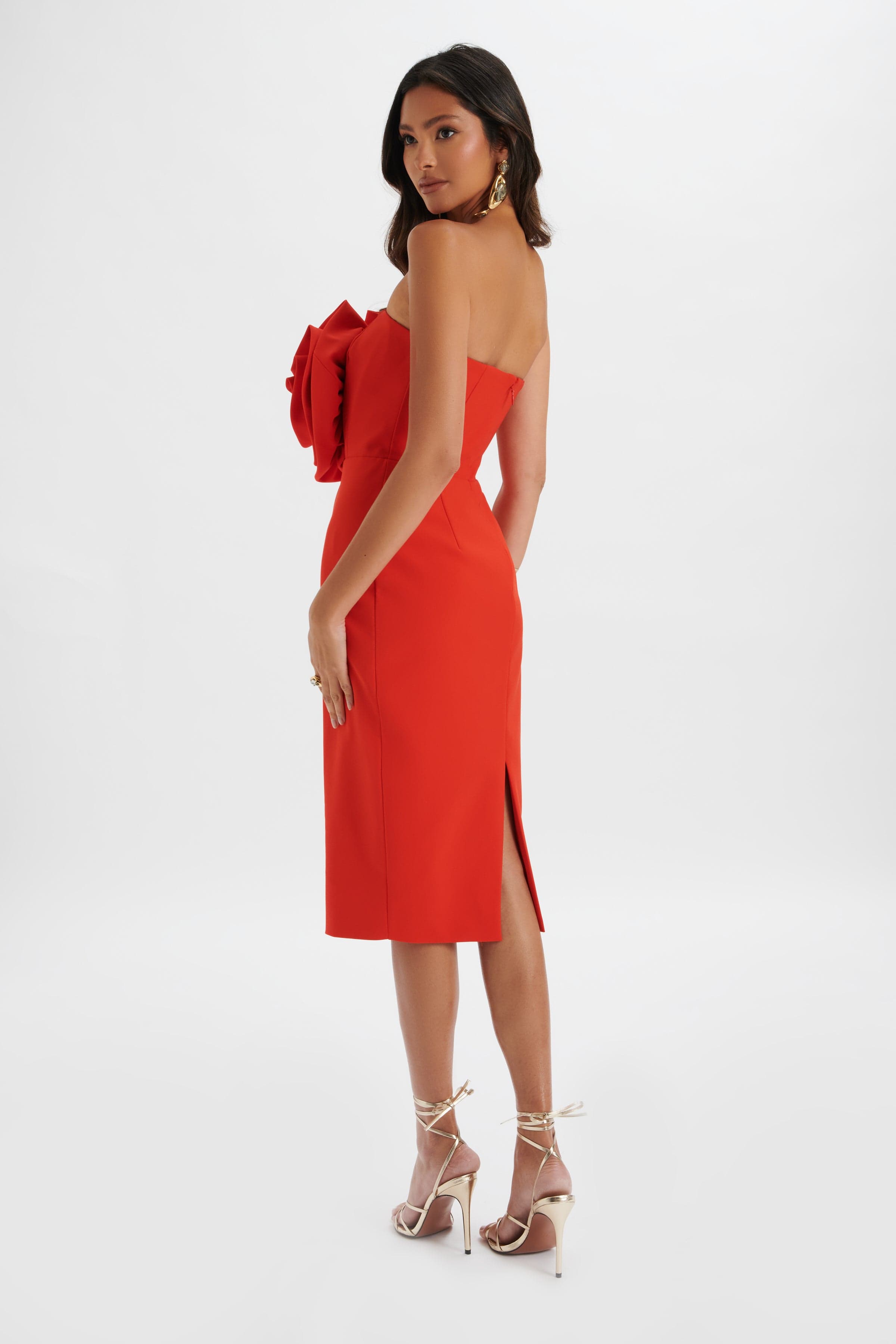 BELLE 3D Flower Bandeau Midi Dress in Red