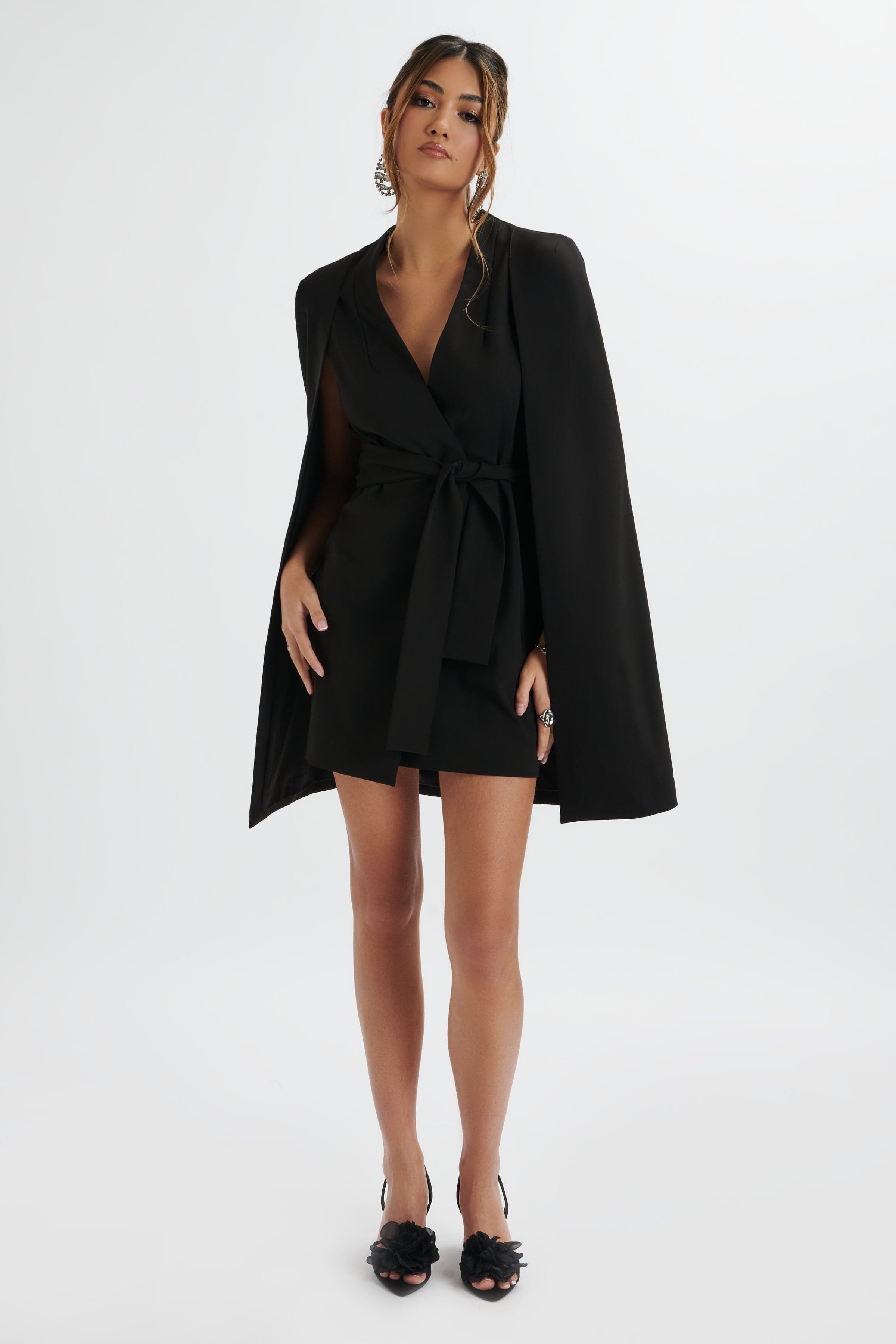 TIFFANY Belted Cape Blazer Mini Dress In Black