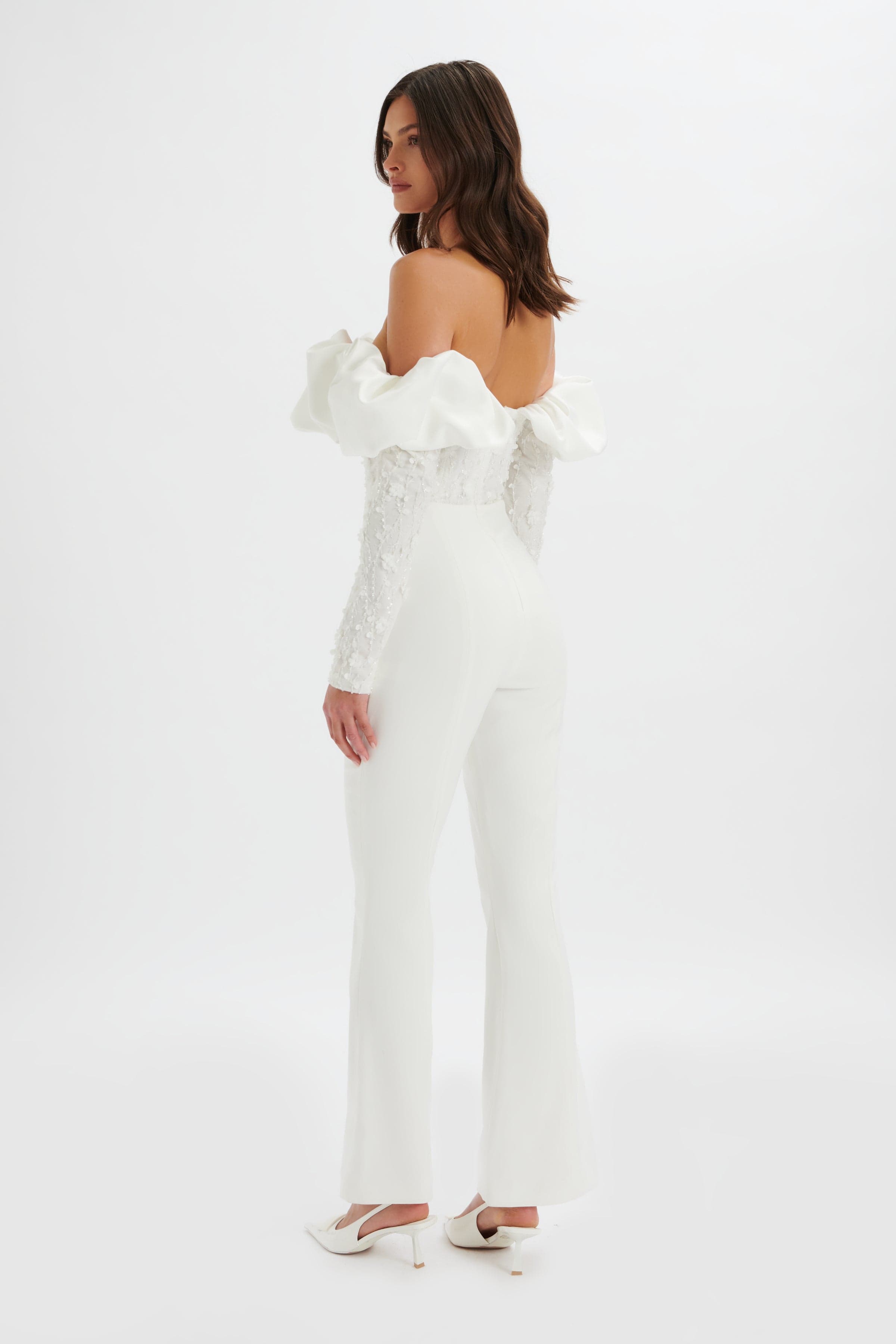 TALLULAH 3D Embroidered Satin Puff Jumpsuit in White