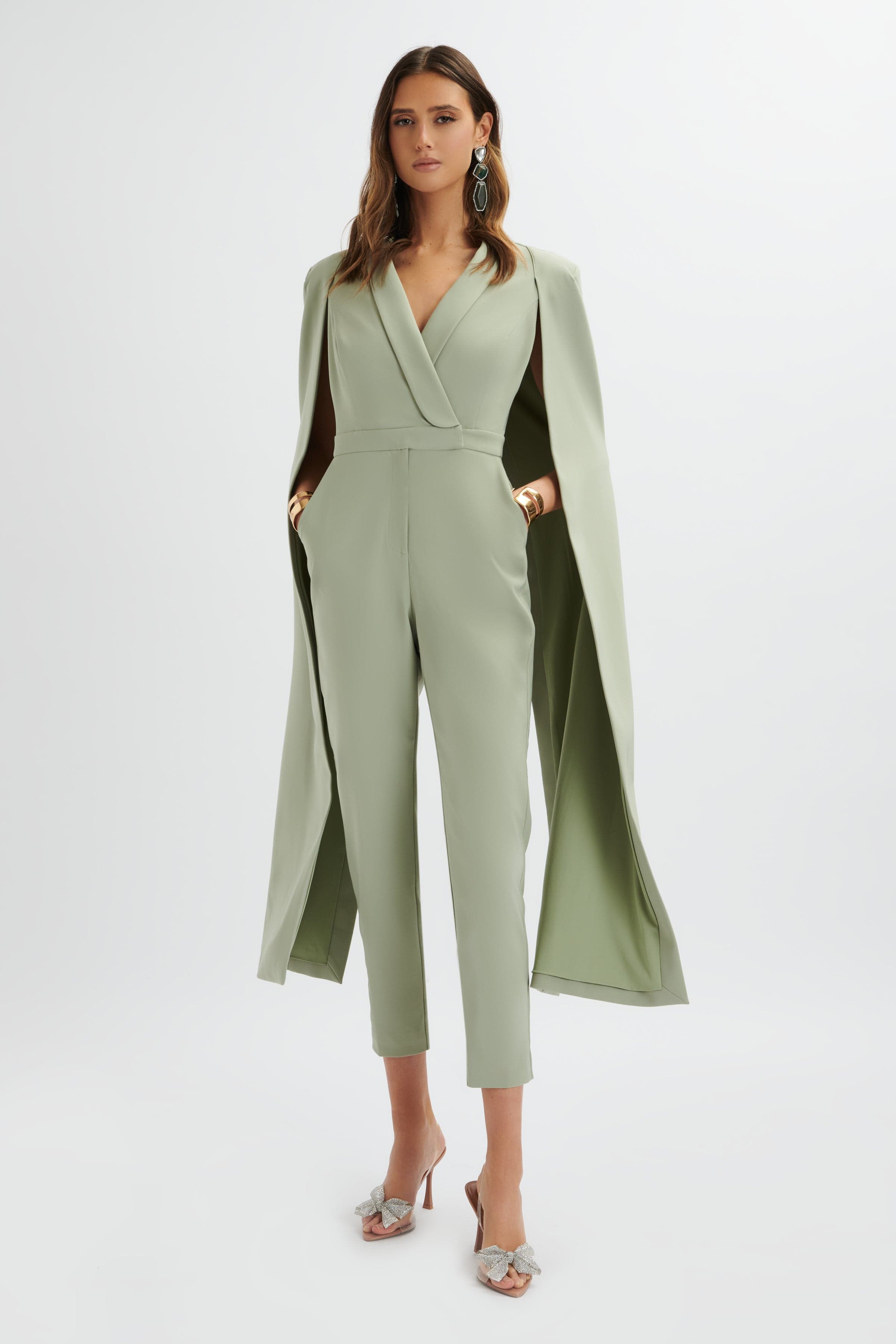 RAYNA Longline Cape Tailored Jumpsuit In Sage Green