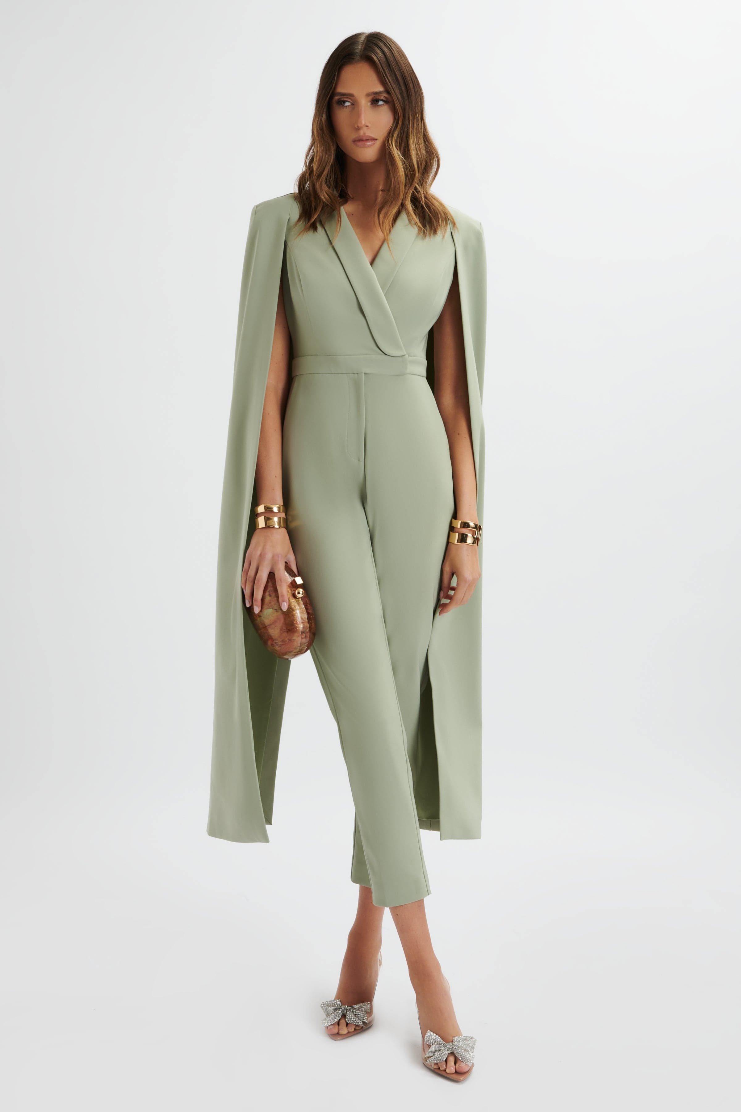 RAYNA Longline Cape Tailored Jumpsuit In Sage Green