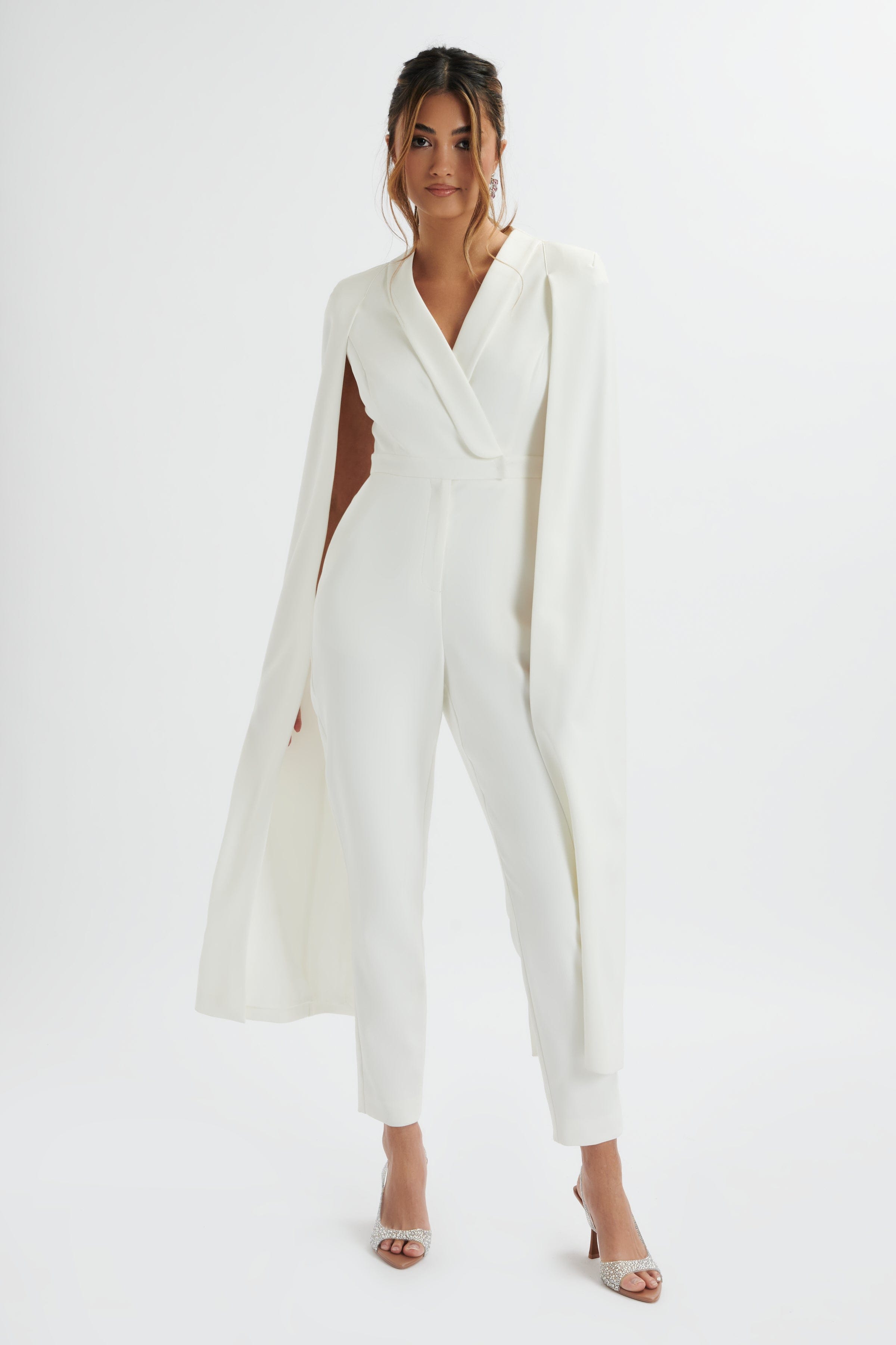 RAYNA Longline Cape Tailored Jumpsuit In White