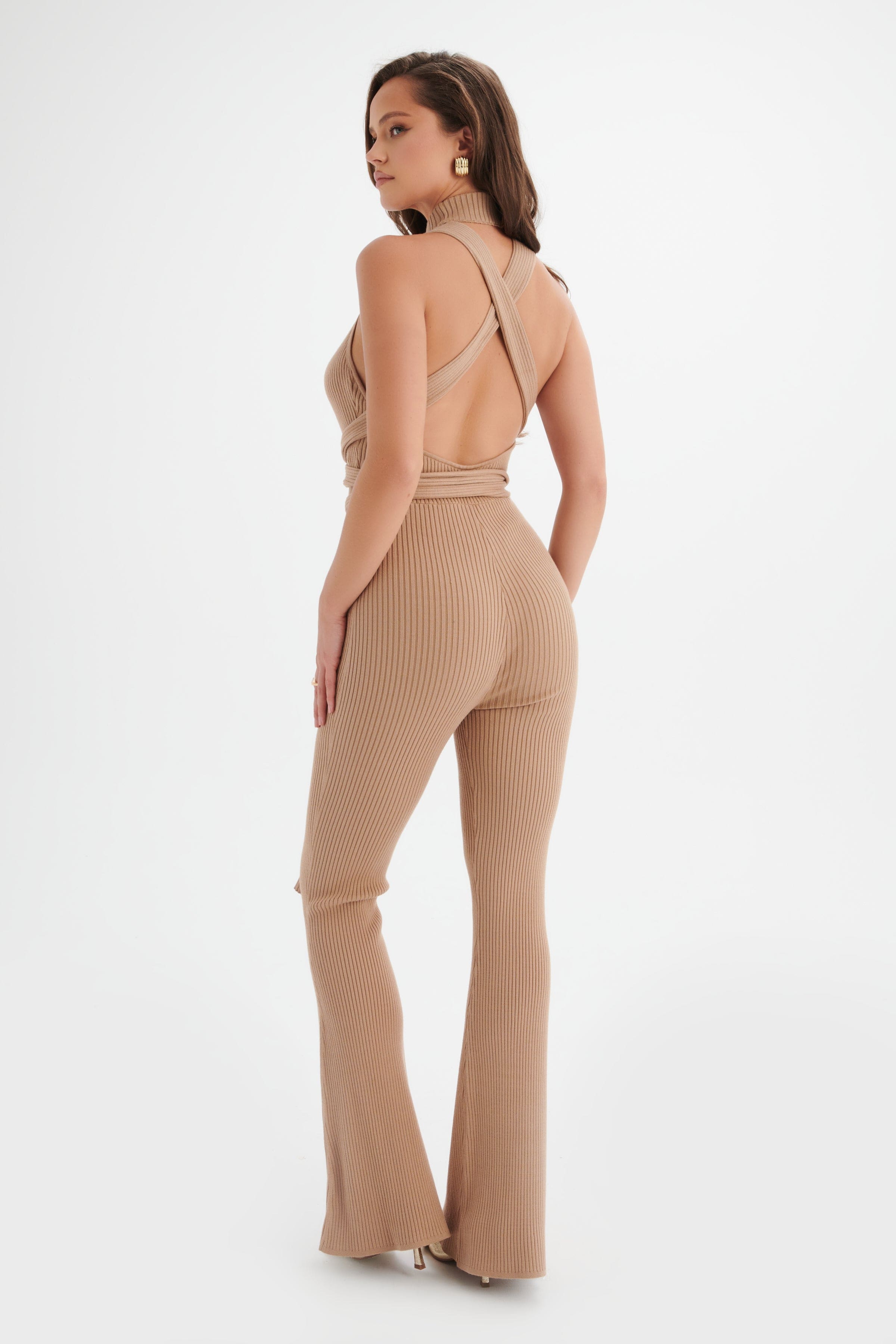 TAMARA Knitted Ribbed Open Back Jumpsuit In Camel