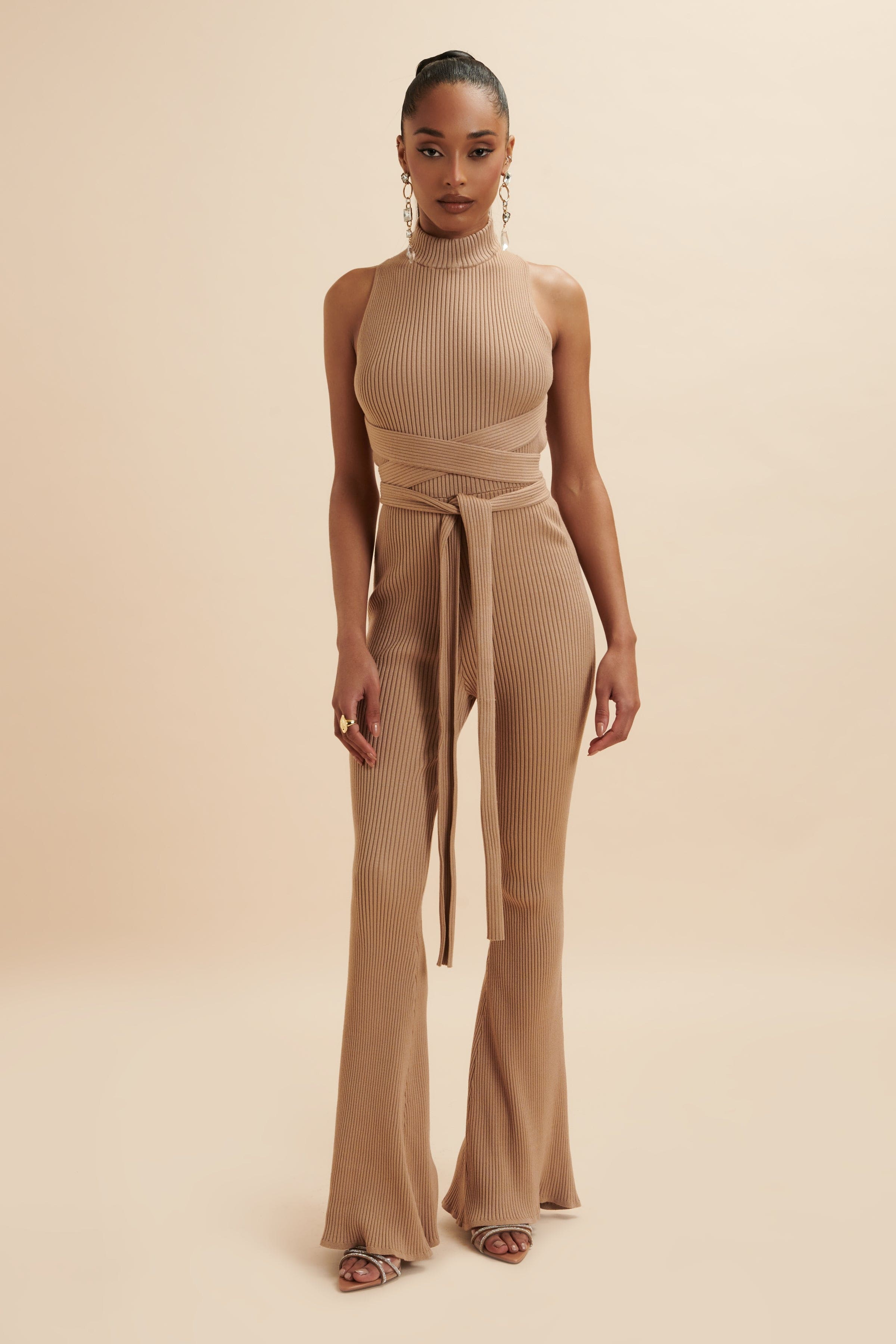 TAMARA Knitted Ribbed Open Back Jumpsuit In Camel