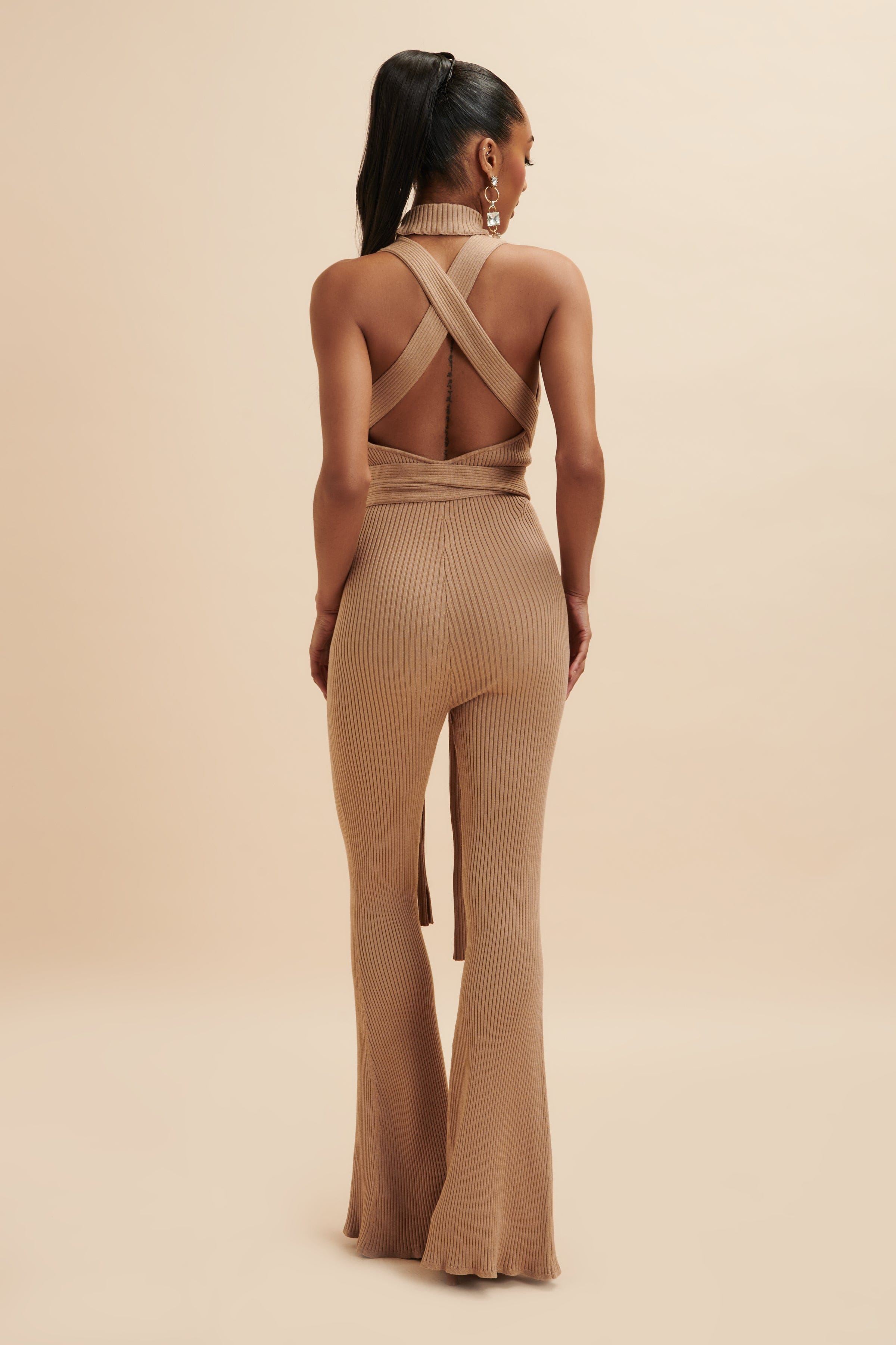 TAMARA Knitted Ribbed Open Back Jumpsuit In Camel
